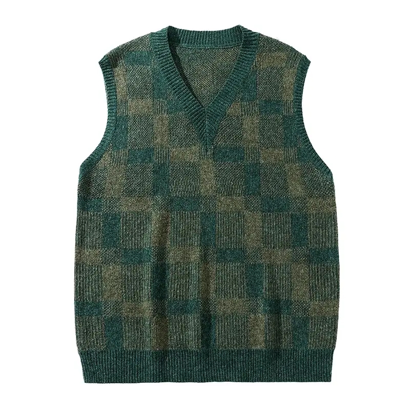 Men'S British Retro Checkered V-Neck Knitted Vest, Textured Vertical Stripe Plaid, Suitable For Layering Under Shirts In Spring And Autumn, Casual Knitted Vest For Couples, Relaxed Plaid Knitted Vest#Sohochic