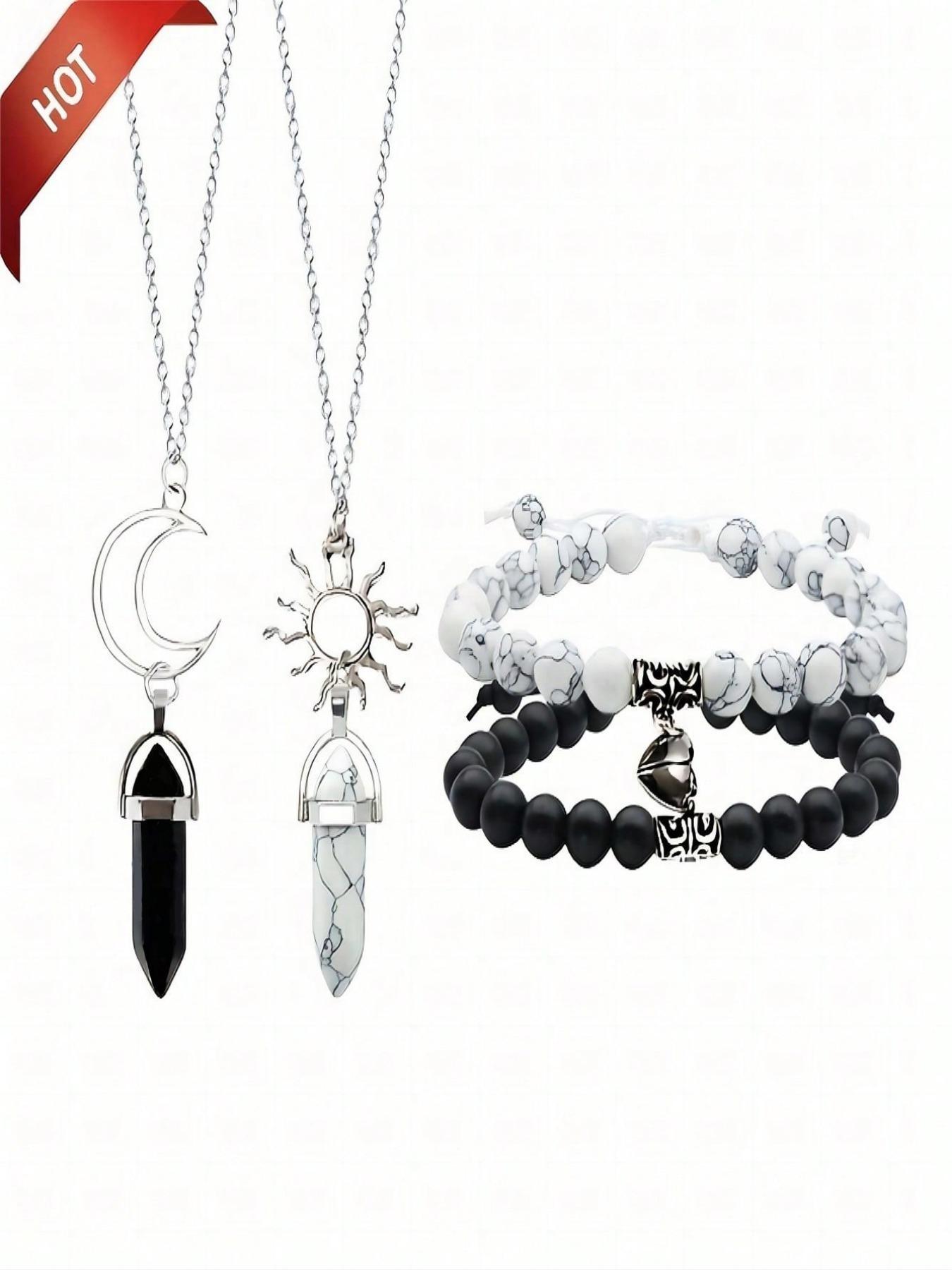 Unisex Fashion Marble Heart Magnet Beaded Bracelet & Moon & Sun Pendant Necklace, Matching Jewelry Set, Fashion Jewelry for Party, Daily Clothing Decor, Trendy All-match & Exquisite Jewelry for Birthday Gift
