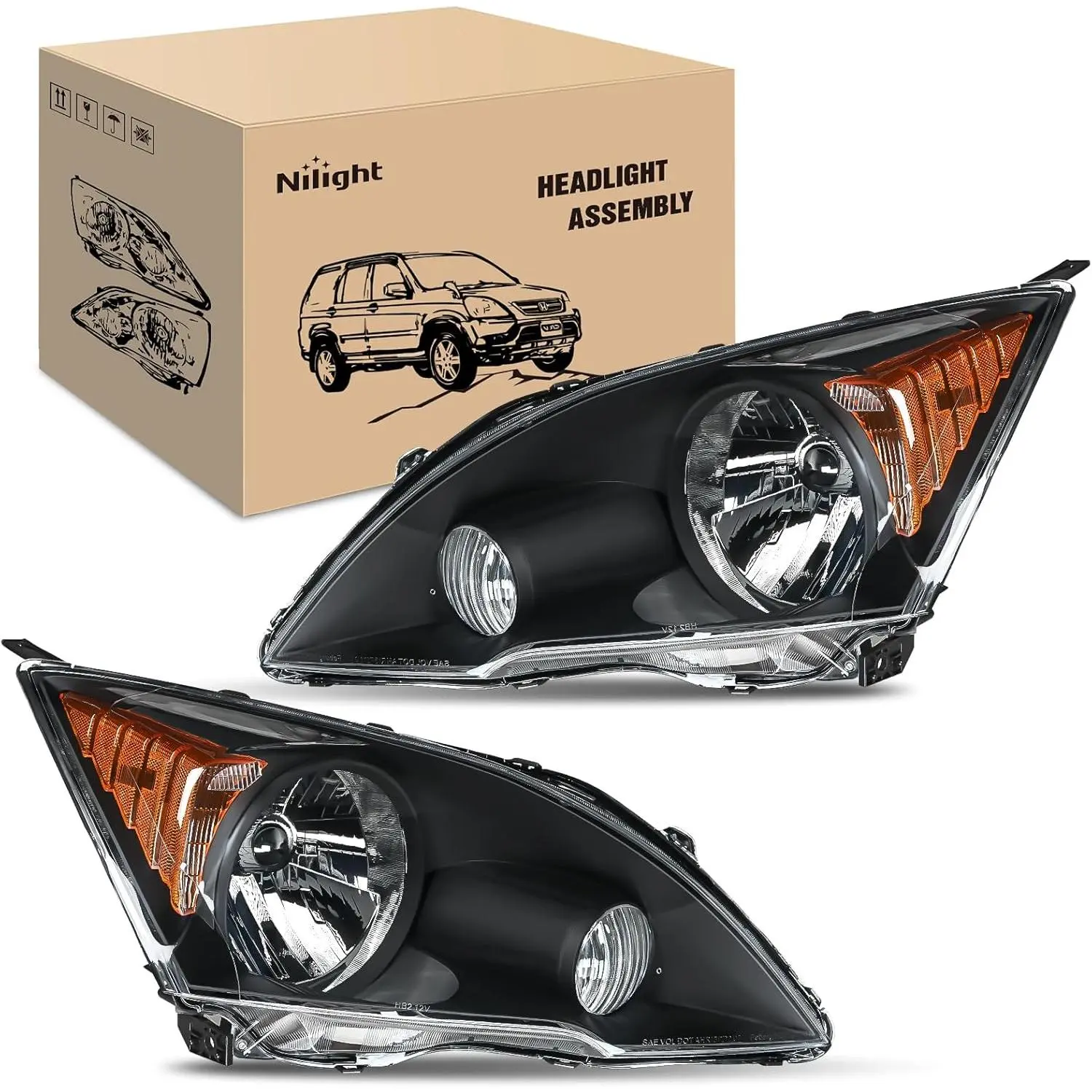 Nilight LED Headlight Assembly with Screw Fixing - Brightening, Waterproof, Reflective, Secure Car Lighting for Honda CR-V 2007-2011, Black Housing with Amber Reflector