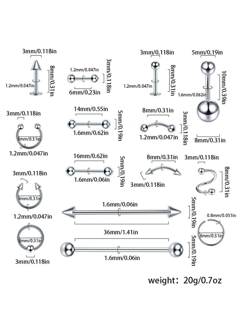 Mixed Color Nose Rings, Belly Rings, Earrings, Lip Rings, Tongue Ring, Body Piercing Jewelry, Punk Style Fashion Accessories for Men & Women