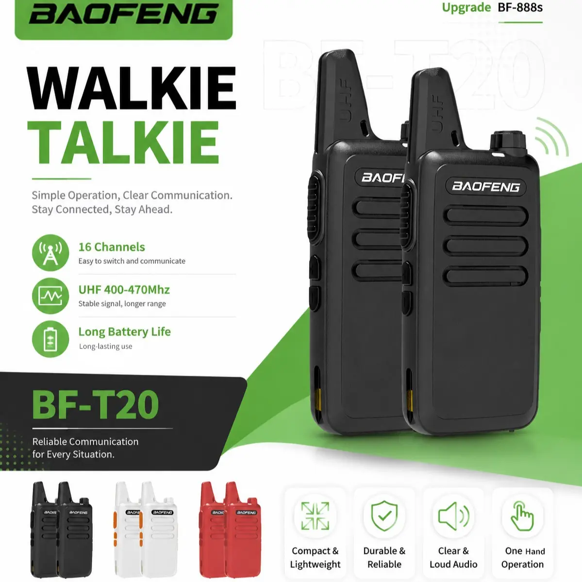 2PCS BAOFENG T20 Long Range 5W Walkie Talkie Portable Mini Size Rechargeable Type-C Charging BF-T20 Handheld Two Way Ham Radio Lightweight Durable 16 Channels UHF 400-470MHz Upgrade 888S Radio with Audio Earpiece