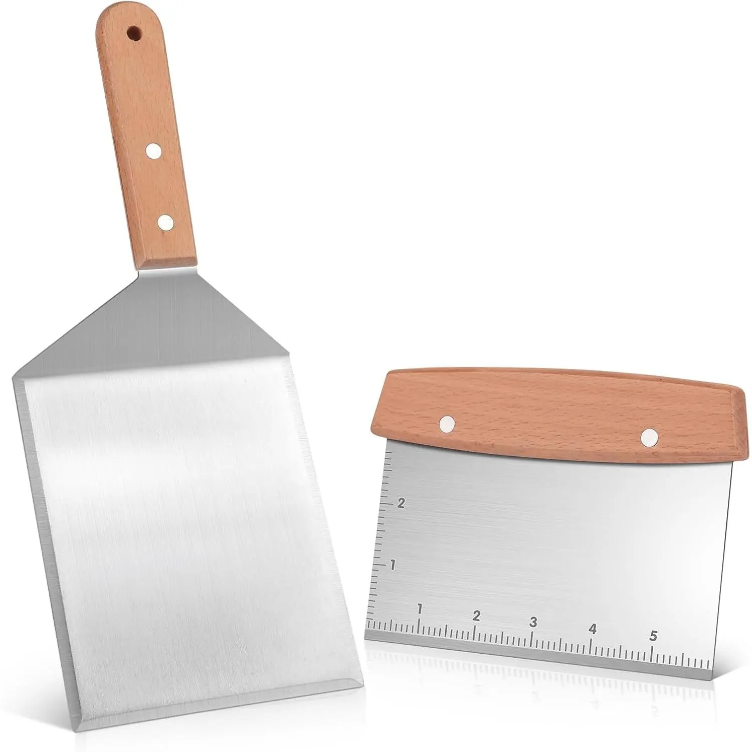 Sturdy Stainless Steel Blackstone Bench Scraper & Grill Spatula Utensil Set, Heavy-Duty Hamburger Turner with Cutting Edges, Flat Top Griddle Pancake Flipper