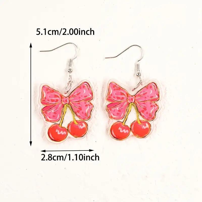 New Cute Pink Bow Cherry 2D Flat Acrylic Versatile Sweet Earrings