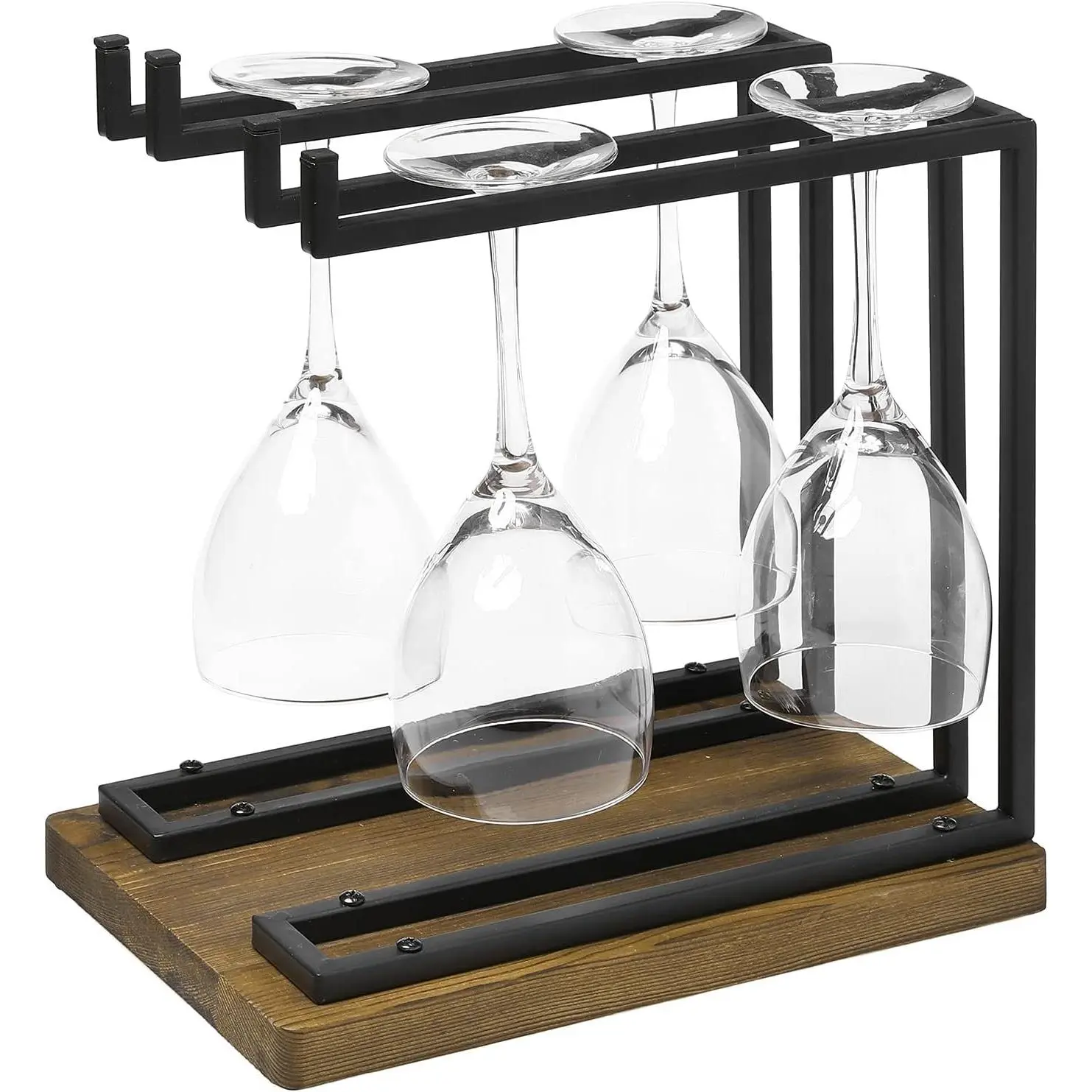 Industrial Metal Wine Glass Rack Holder Stand with 2 Hanger Bars and Rustic Wooden Base, Countertop Hanging Stemware Holder