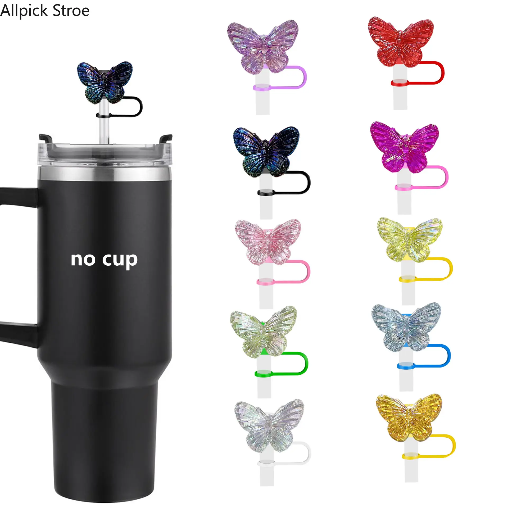 Silicone Straw Toppers & Charm Caps - 10-Piece Set with Baroque Butterfly Acrylic Charms, Aesthetic Tumbler & Water Bottle Bag Accessories, Baroque Charm