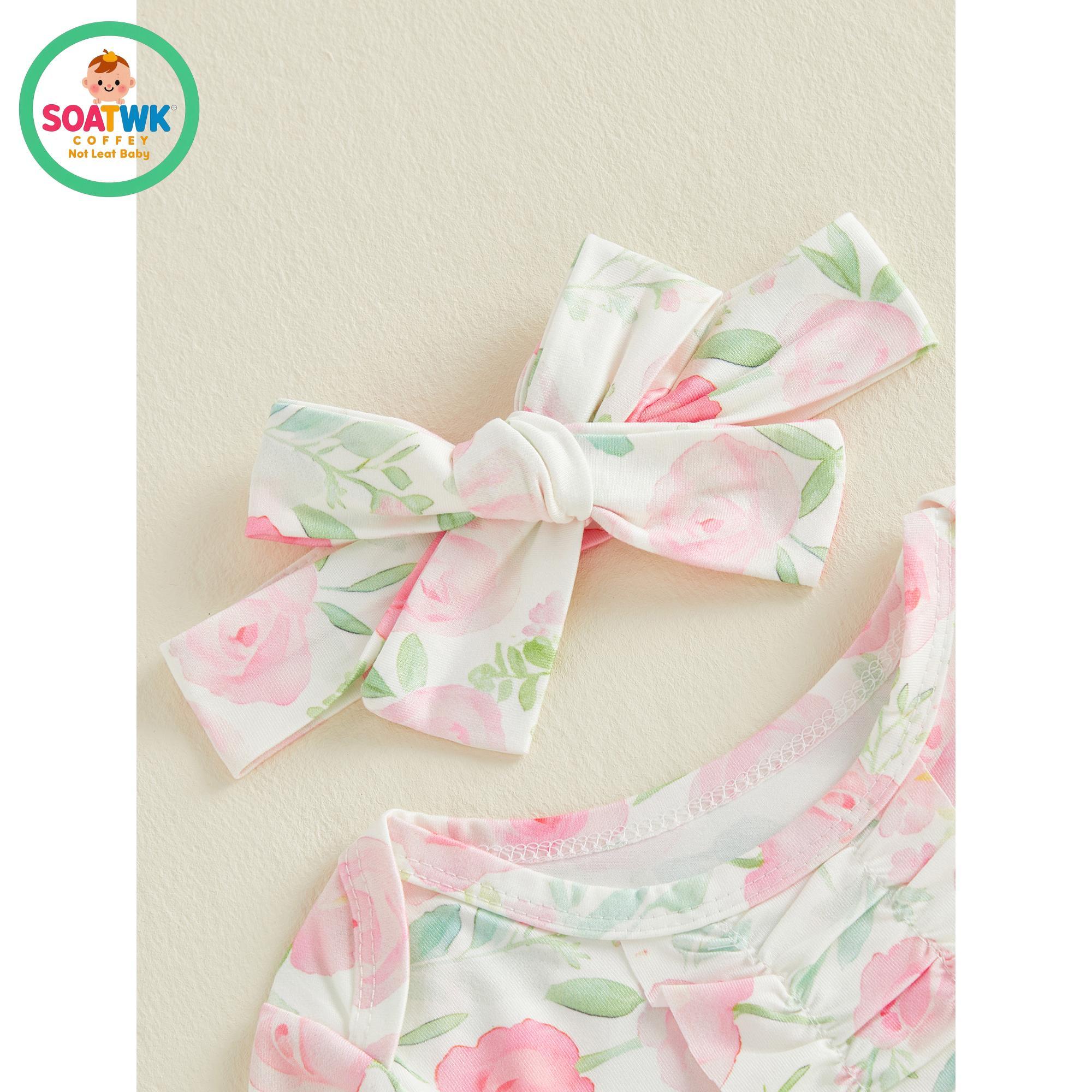 Newborn Sleeping Bags Floral Print Crew Neck Short Sleeve Knotted Swaddle Baby Girls Sleep Sack with Matching Headband