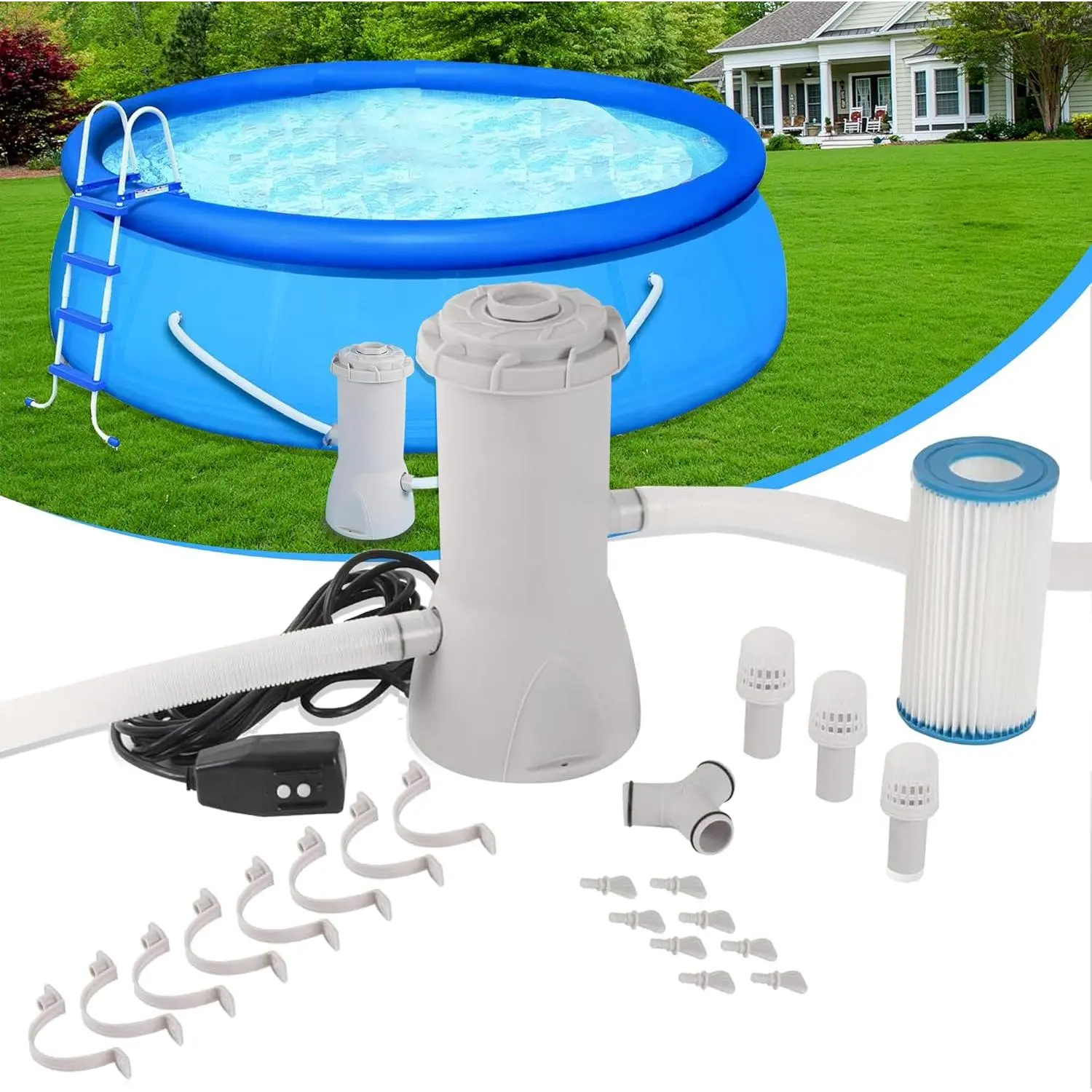 1000 GPH Pool Pumps, Above Ground Pool Filter Pump for Swimming Pools 1000 GPH Pumps Flow Rate All-in-One Above Ground Pools Filters Pump Accessories Uses Type A or C Filter Cartridge