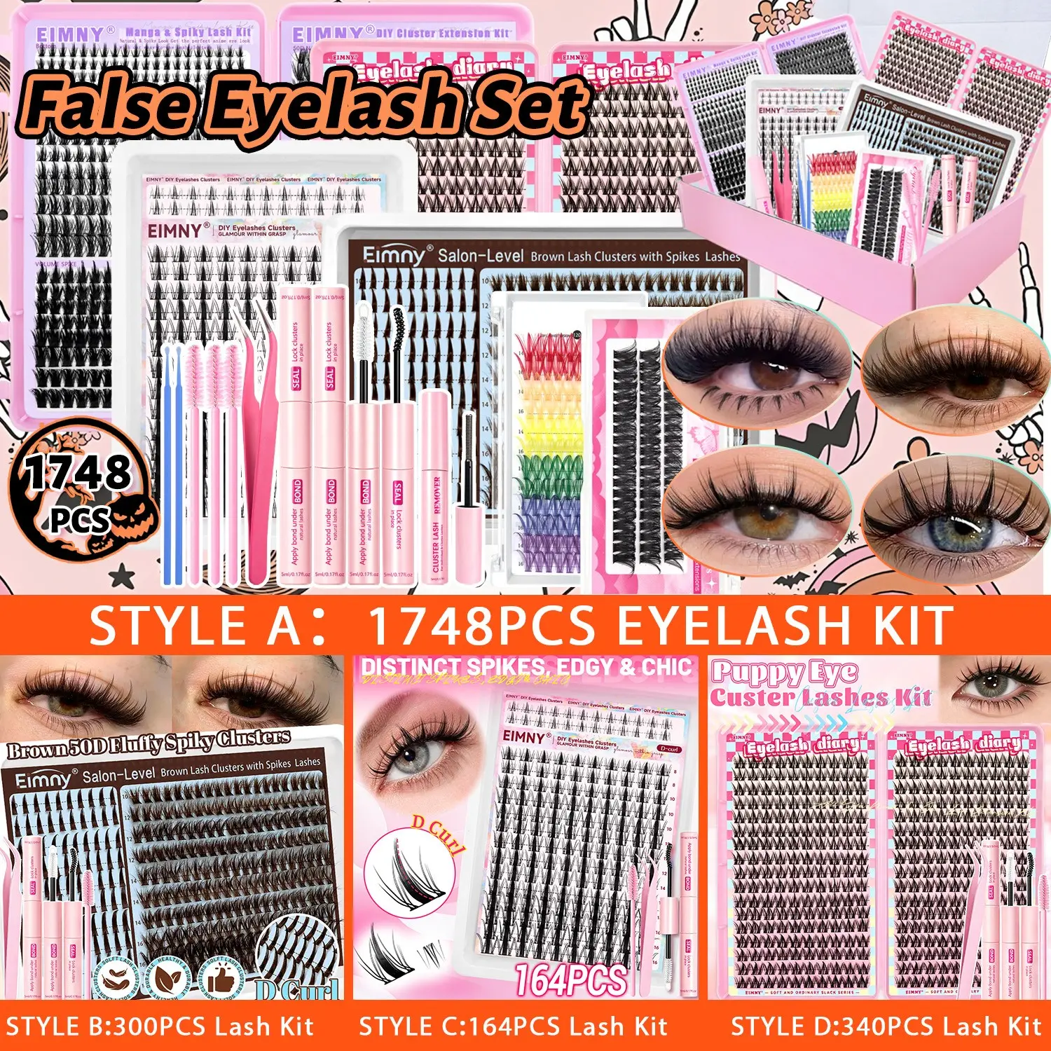 EIMNY DIY Eyelash Extensions Kit Colorful Lash Clusters, 1748/340/764/164/300PCS False Eyelash Set D Curl Mixed Lengths,Halloween Gift Box with Full Application Tools