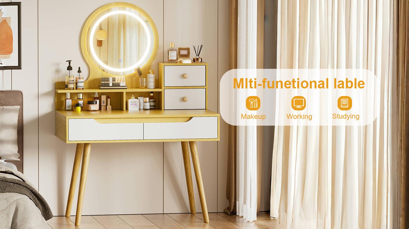 Makeup Vanity Desk with 3 Adjustable Lighted Mirror with solid wood table feet , Dressing Table Set with 4 drawers and 3 open shelves  for Small space Bedroom    RR