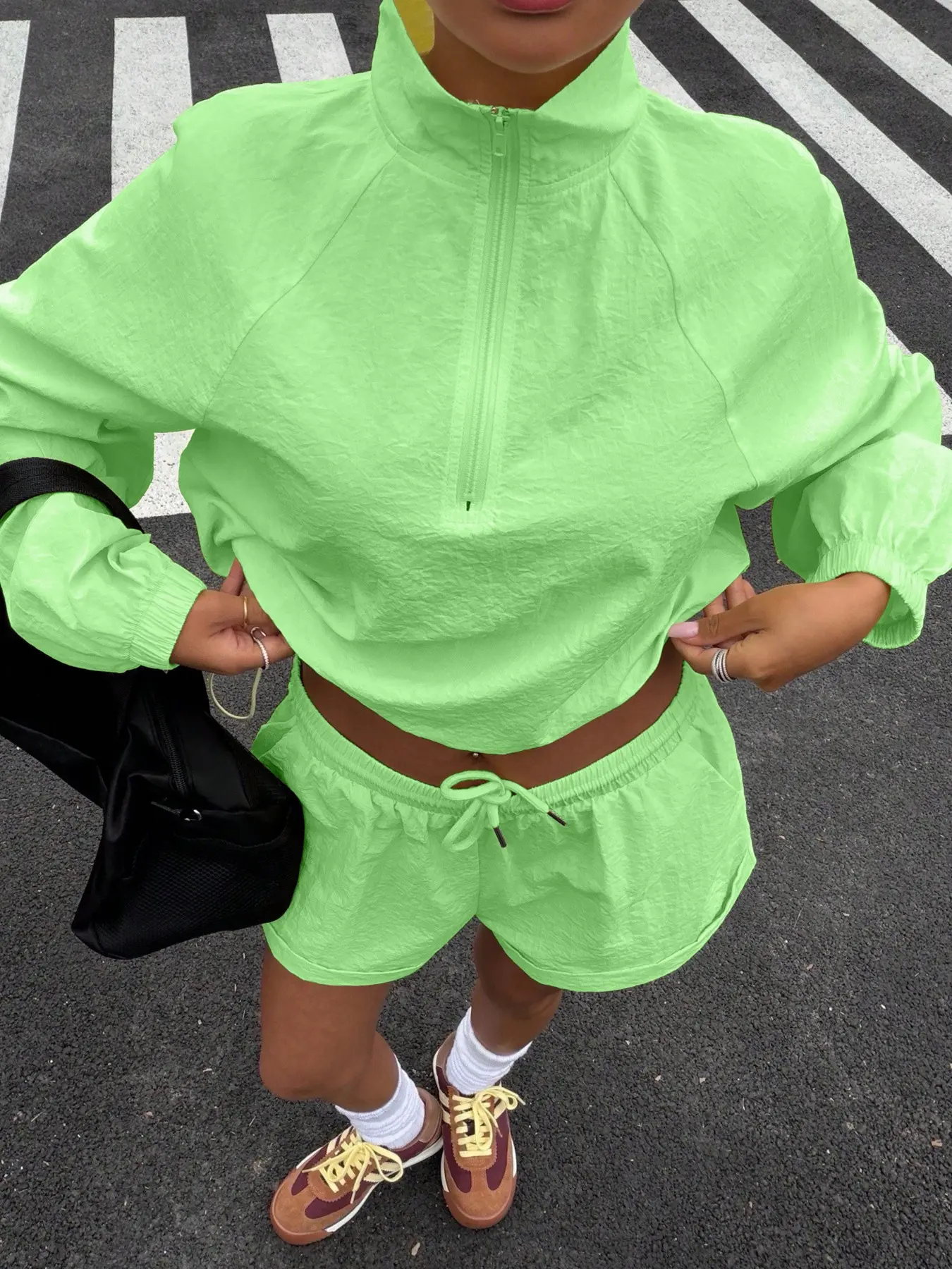 Women Lightweight Sun Protection 2 Piece Tracksuit Stand Collar Half Zip Raglan Sleeve Cropped Windbreaker Elastic Drawstring Waist Pocket Cuffed Shorts Quick Dry Windproof Breathable Matching Outfit for Jogging Walking Gym Outdoor Travel Daily Streetwear