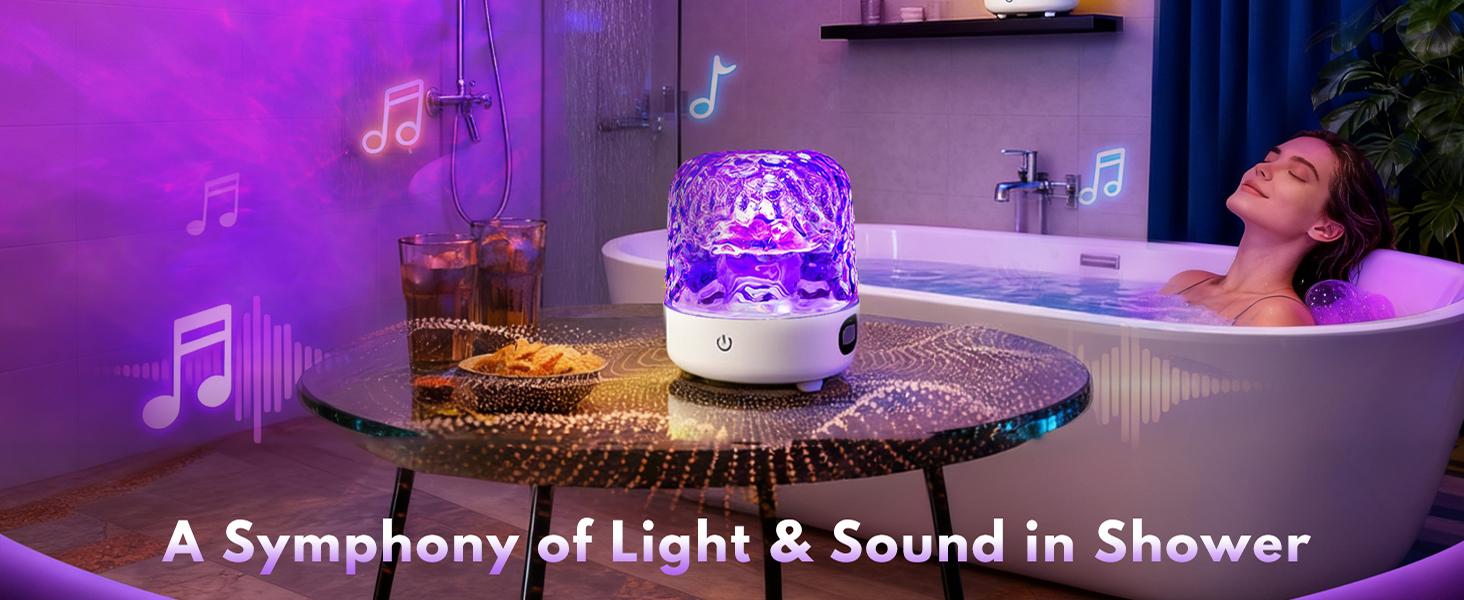 Shower Light with Bluetooth Speaker, Waterproof Shower Lamp with White Noise, 16 Colors Ocean Wave Projector Light with Remote & Touch Control, Music Lamps for Inside Shower Bathroom Bathtub
