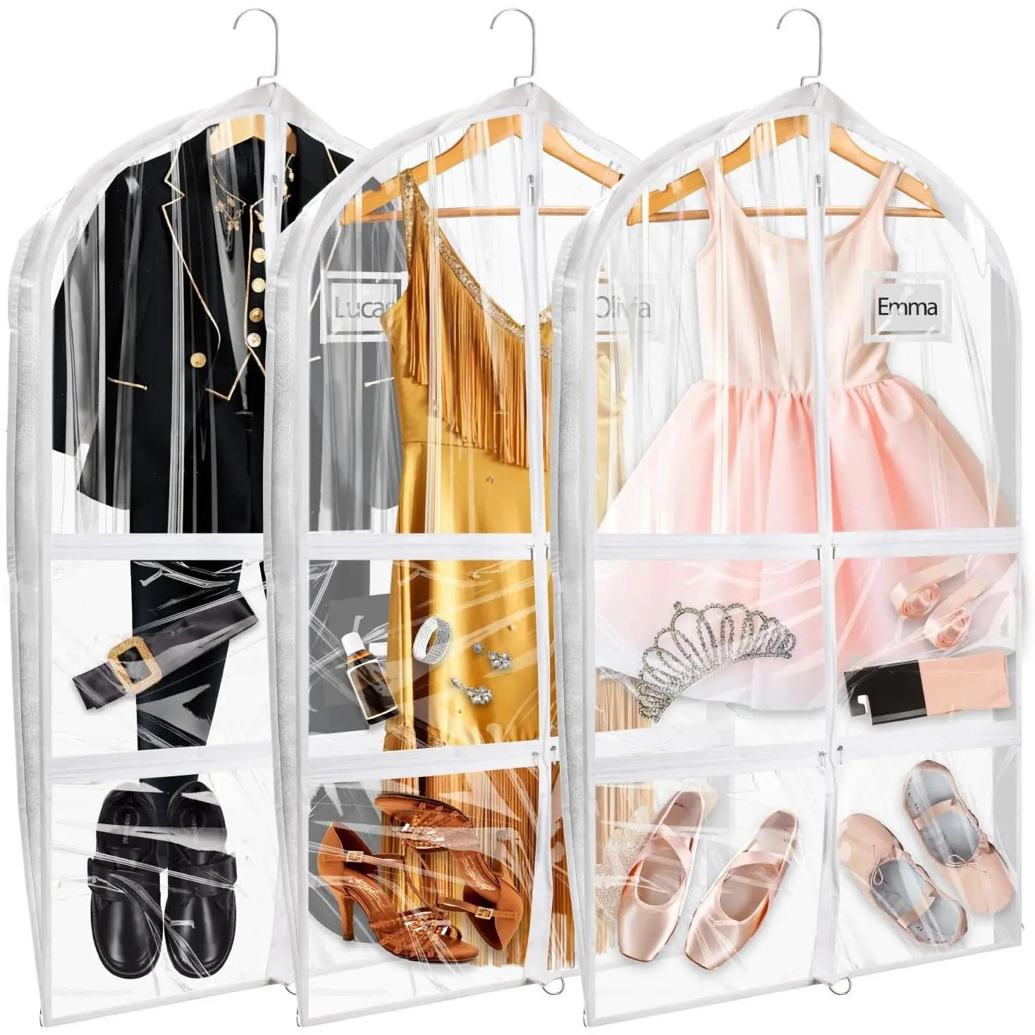 Garment Bags for Dance Costumes, Upgraded 40 inch Kids Clear Dance Competition Garment Bags for Dancers Hanging Clothes with 5 Zipper Pockets for Cheer, Ballet, Travel, Clear White- 3 Pack