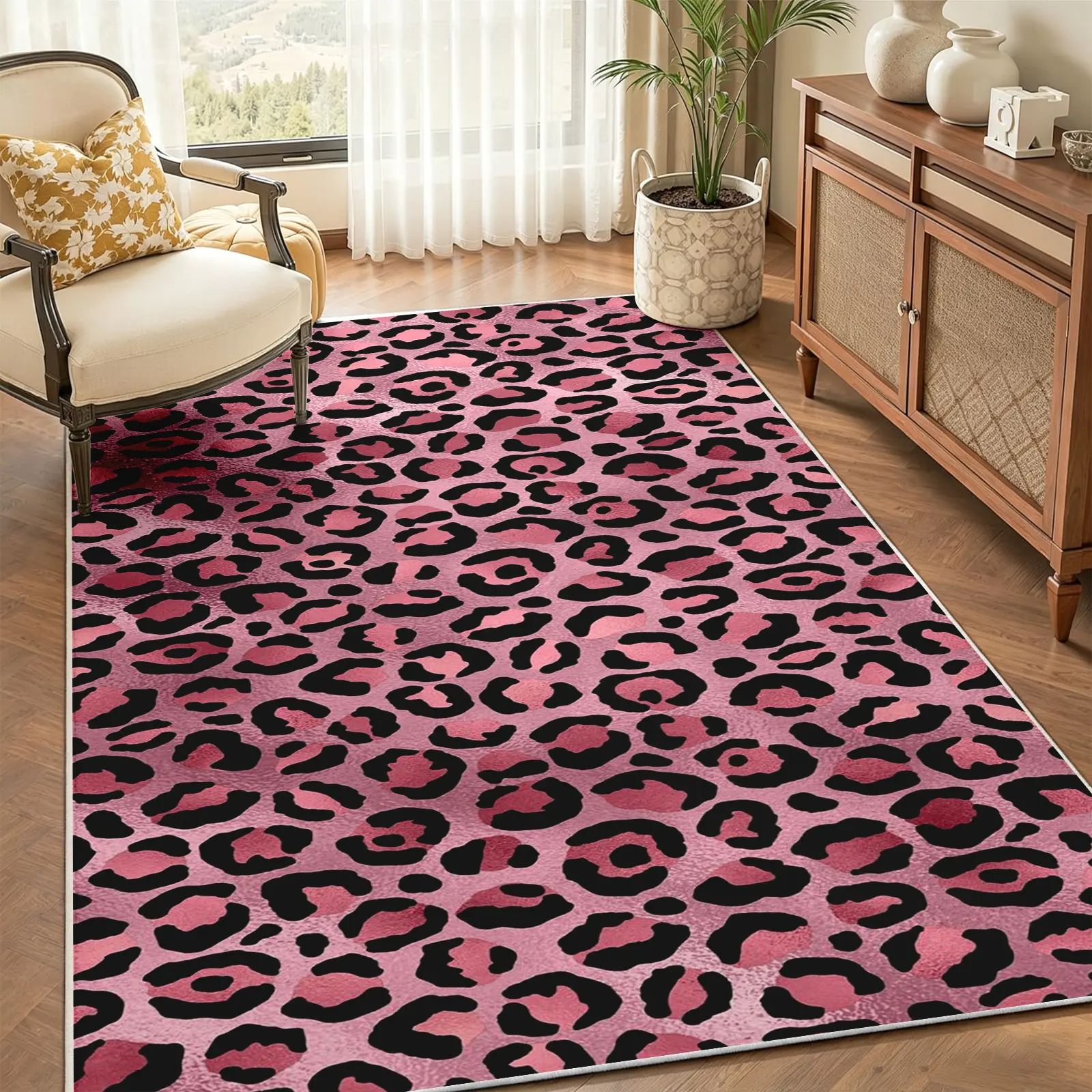 Trendy Pink Leopard Print Area Rug, Bold Black Animal Spot Carpet, Soft Non-Slip Machine Washable Floor Covering, Stain-Resistant Low Pile Rug, Aesthetic Decor for Living Room Bedroom (Various Sizes)