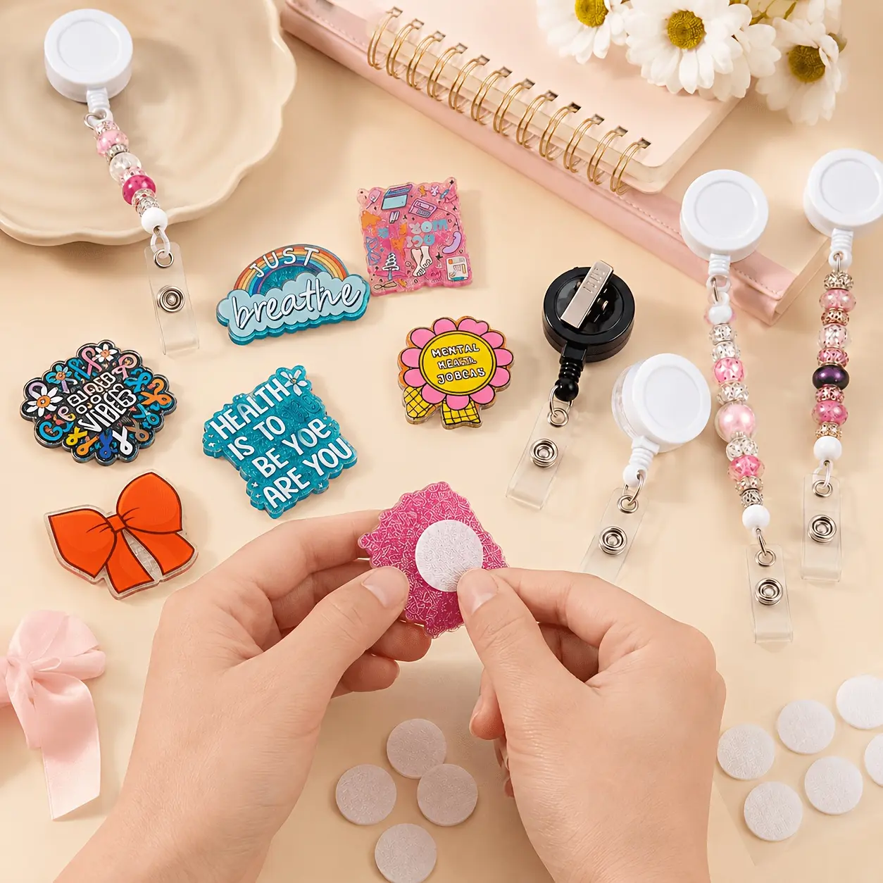 32pcs Retractable Badge Reels, Cute Acrylic DIY Kit for Beading with Mix Colors, Multipack Office Gifts for Nurses & Teachers, Key Chain Cute