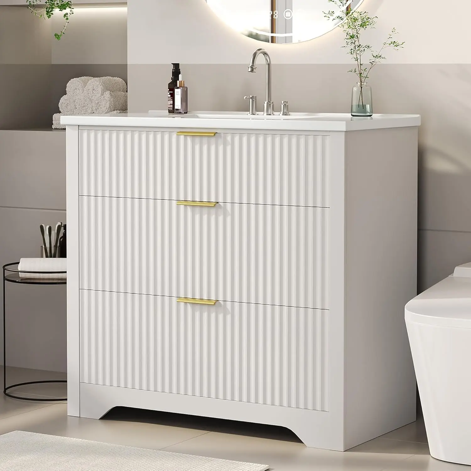 36" Fluted Bathroom Vanity with Sink, Farmhouse Freestanding Bathroom Sink Cabinet with 2 Drawers & 1 Flip-Down Drawer, Easy Assembly & Cleaning, White