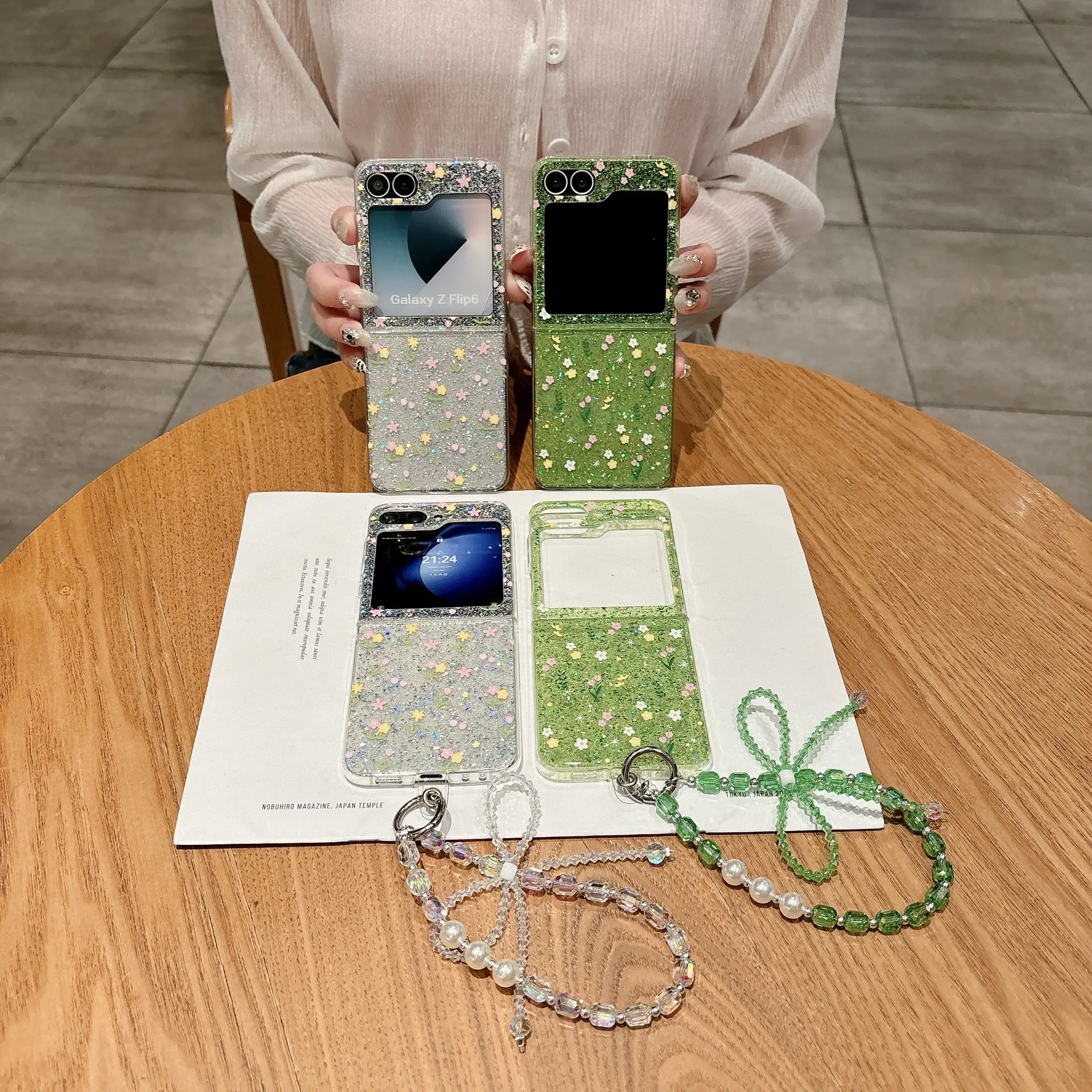 Compatible with Z Flip 7 6 5,  Razr 60 Ultra 60 Pro 60s 50 Ultra 50, Green Floral Subtle Glitter Shockproof Foldable Phone Case with Wrist Strap HNZ0723