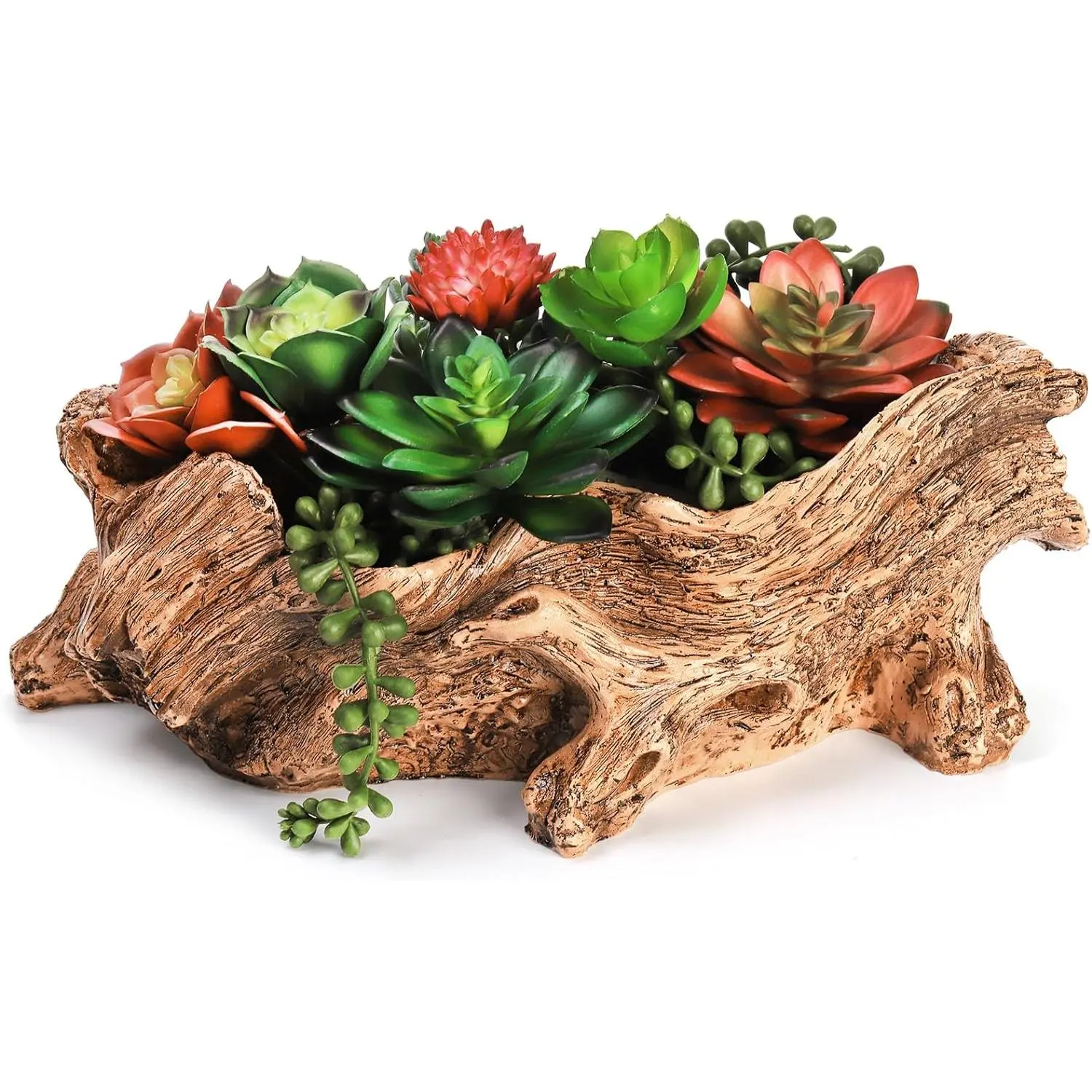 Artificial Driftwood Stump Log Planter  Cactus Container with Drainage Hole, Creative Imitation Sculpture  Succulent Flower Pot for , Strawberry, Small