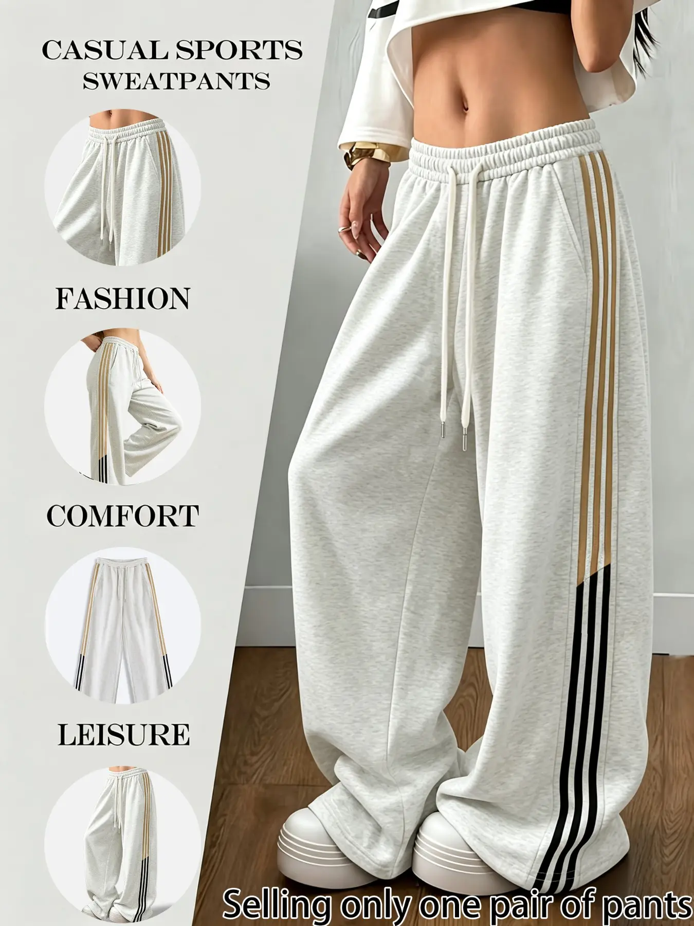 Korean Style Colorblock Wide Leg Pants, Drawstring High Waist Loose Fit, Casual Long Pants for Fall Winter, Women's Home Travel