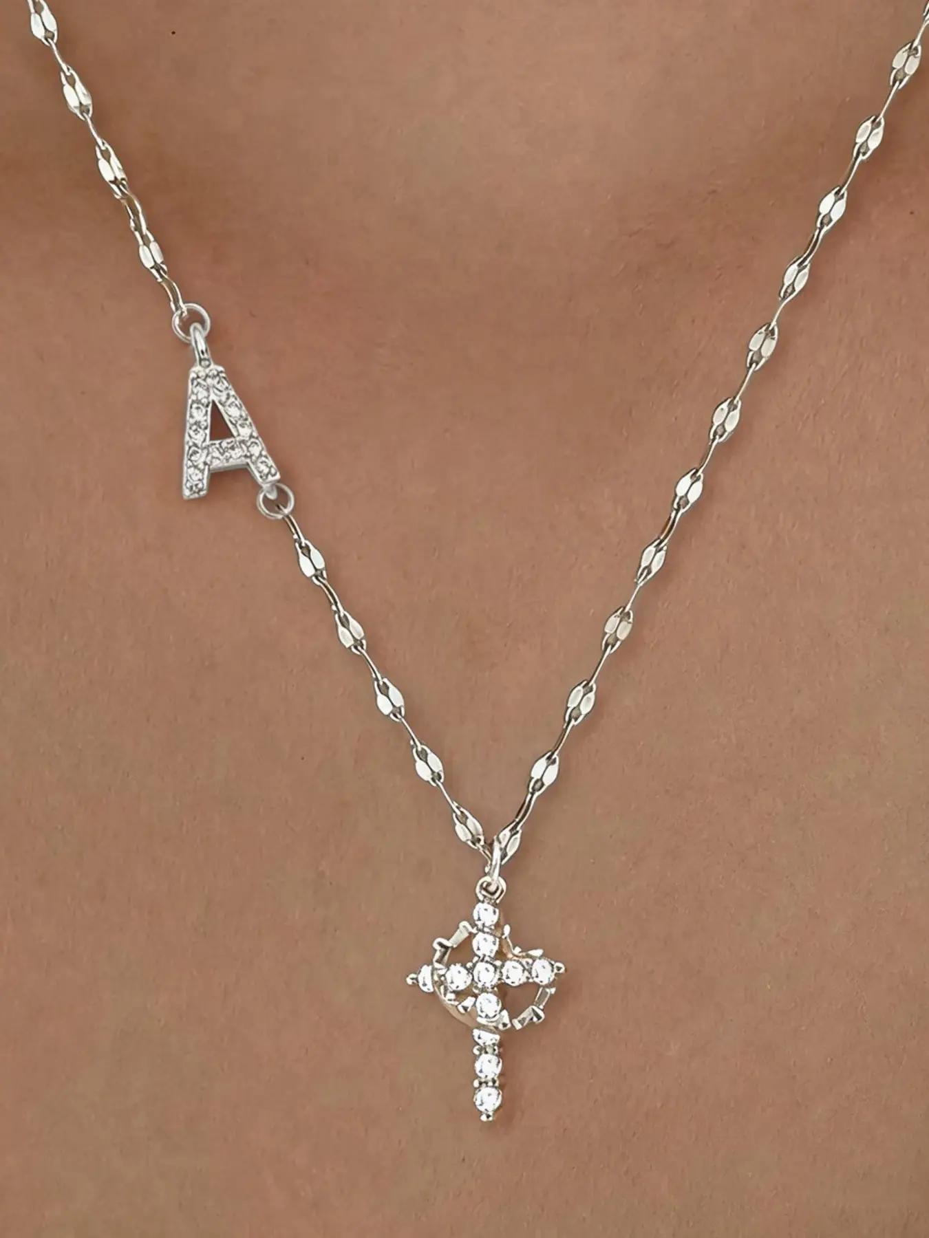 Silver Tone Copper Initial Necklace for Women, A-Z Letter Alphabet Detail Pendant with Cubic Zirconia Crown Cross Chain Design Charm, Dainty Gift Jewelry