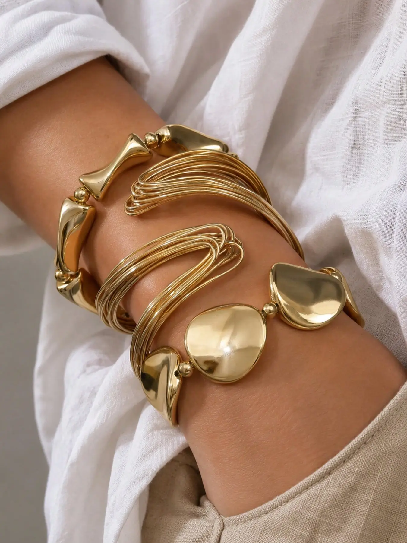 3-Piece Asymmetrical Metal Bracelets Set, Bohemian Vintage Geometric Beaded Wristbands, Perfect for Women's Daily Wear, Parties, Gifts, Irregular Shape Bracelets, Bracelet Sets