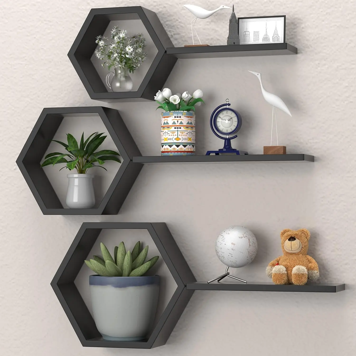 Hexagon Floating Geometric  Shelves - Hexagon Floating Shelves Wall Mounted,  Wall Shelves Set of 6, Geometric Floating Shelves for  Decor, Black