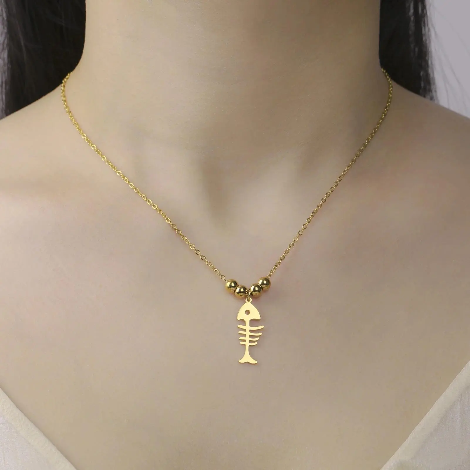 Women's Minimalist Stainless Steel Fish Bone Pendant Necklace - Metal-Coated Adjustable Thin Chain, Unisex Names, for Casual Daily Wear Fashion Costume Jewelry, Animal, Metal Coating