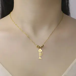 Cute Fish Bone Pendant Necklace, Minimalist Stainless Steel Chain  for Women Daily Outfit