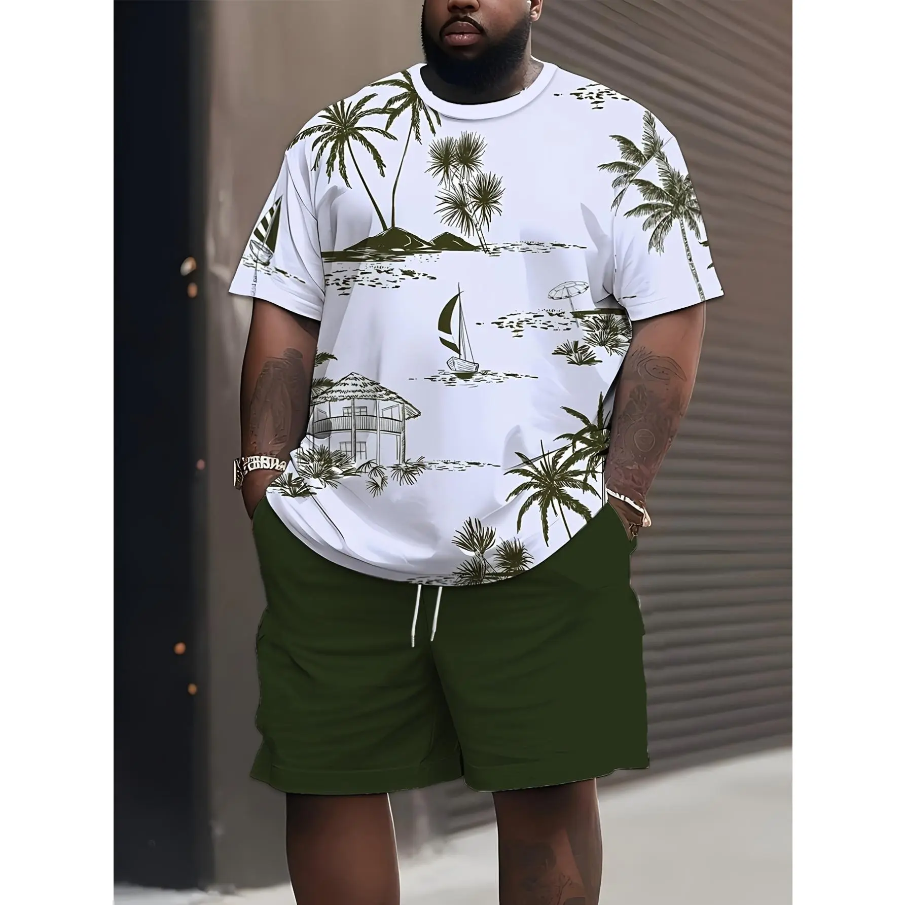 New 3D Digital Print Hawaiian Beach Palm Leaf Pattern Men Top and Pants Set Summer Outdoor Casual Sportswear with Drawstring Large Size Round Neck Short Sleeve T Shirt and Shorts Loose Street Style Plus Size