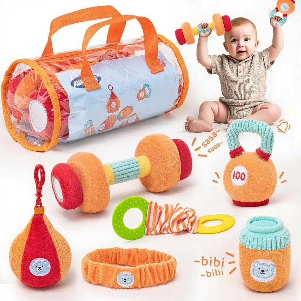 Baby Toys-Baby Sensory Toy Set, Fabric Fitness Kit with Dumbbells, Kettlebell, Punch Bag, Portable and Storable, Birthday Gift for Babies