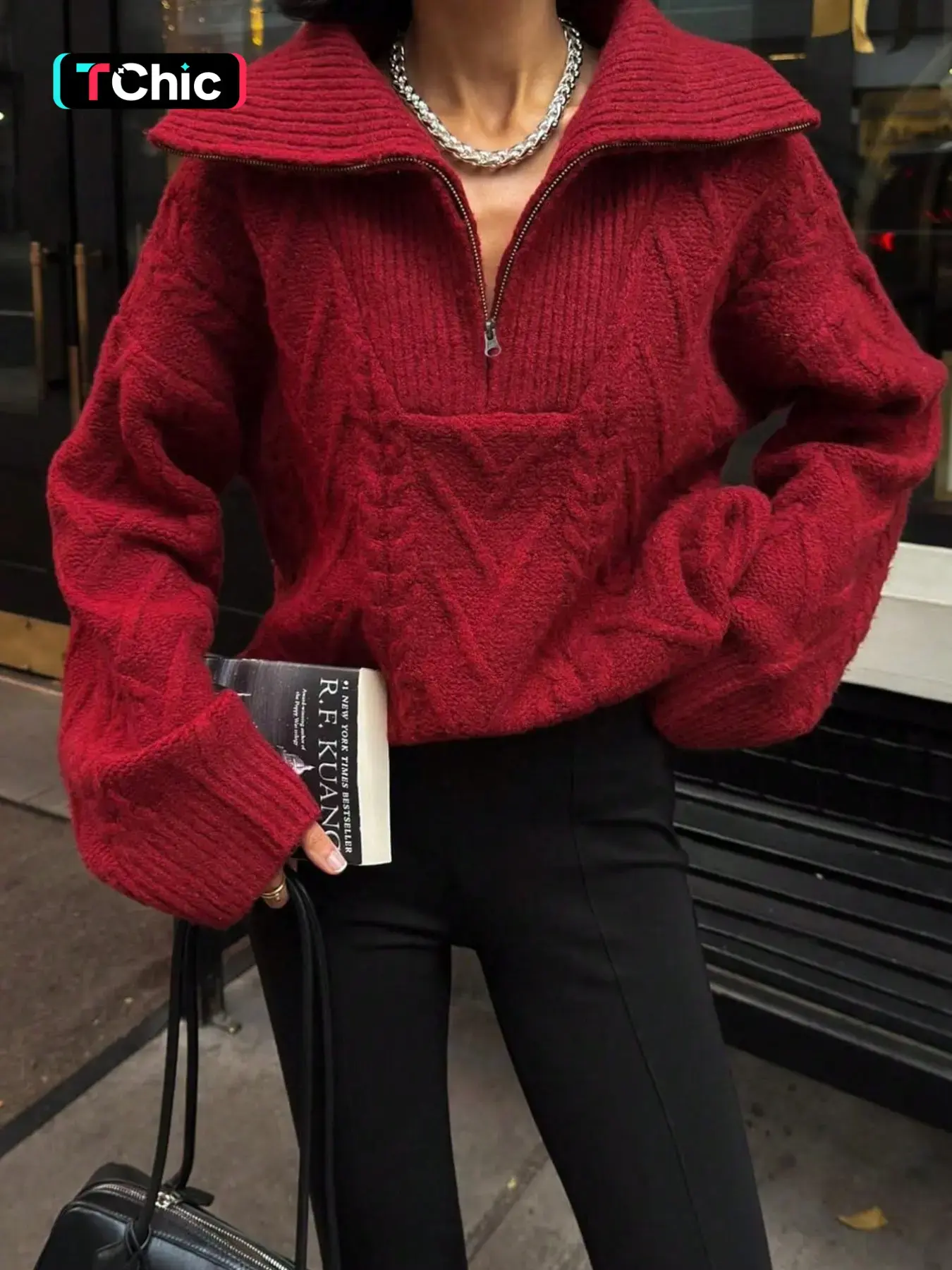 Vintage Lazy Style Half-Zip Collared Cable Knit Sweater for Women, Cropped Loose Fit Solid Color Long Sleeve Top with Twisted Cable Craft. No Print Soft Warm Pullover Knitwear for Autumn & Winter, Casual Knit Shirt for Daily Commute, Shopping and Dates