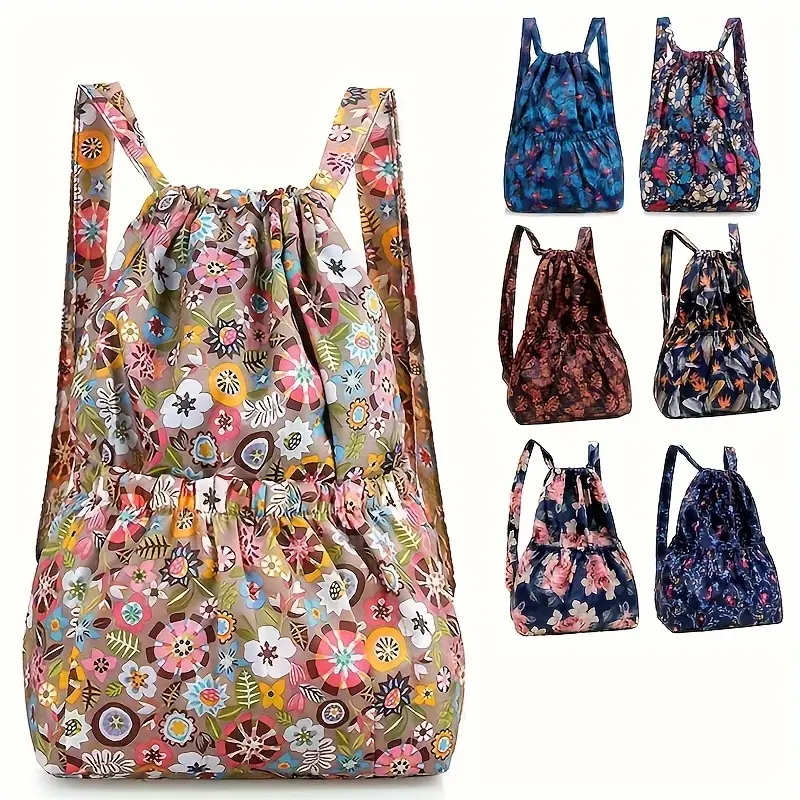 Unisex Ethnic Floral Print Drawstring Backpack - Lightweight Outdoor Sports Bag with Bundle Pocket, Shoulder Carry Travel Rucksack (Supplementary Random Cutting)