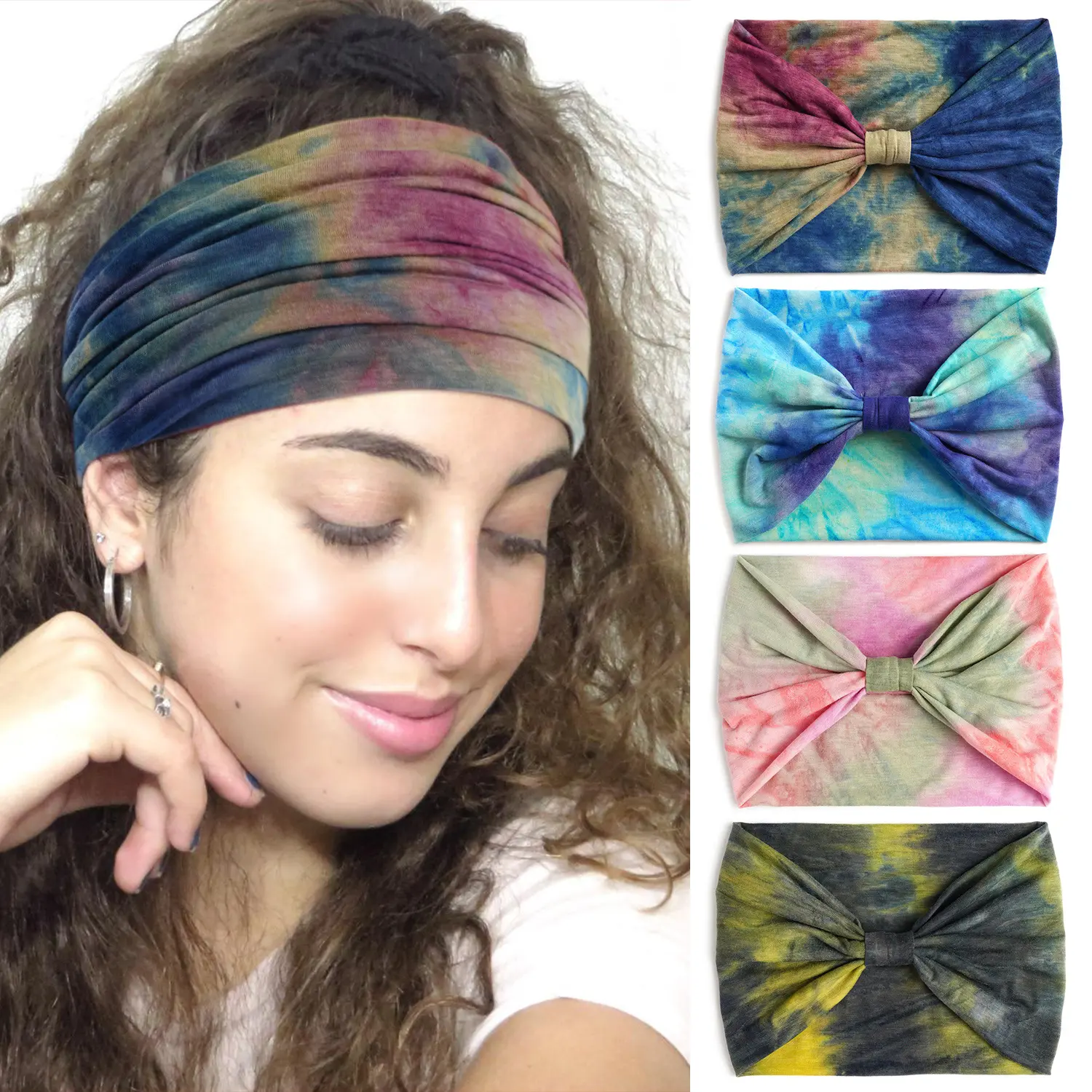 Wide Tie-Dye Headband for Women -4 Pack Rainbow Color Yoga Sports Elastic Sweat Absorbing Headband