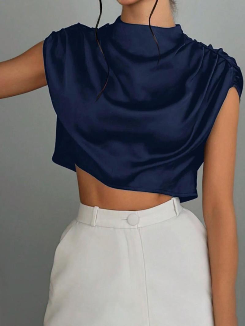 Women's Plain Satin Crop Blouse, Casual Mock Neck Top for Summer, Women's Clothing for Daily Wear
