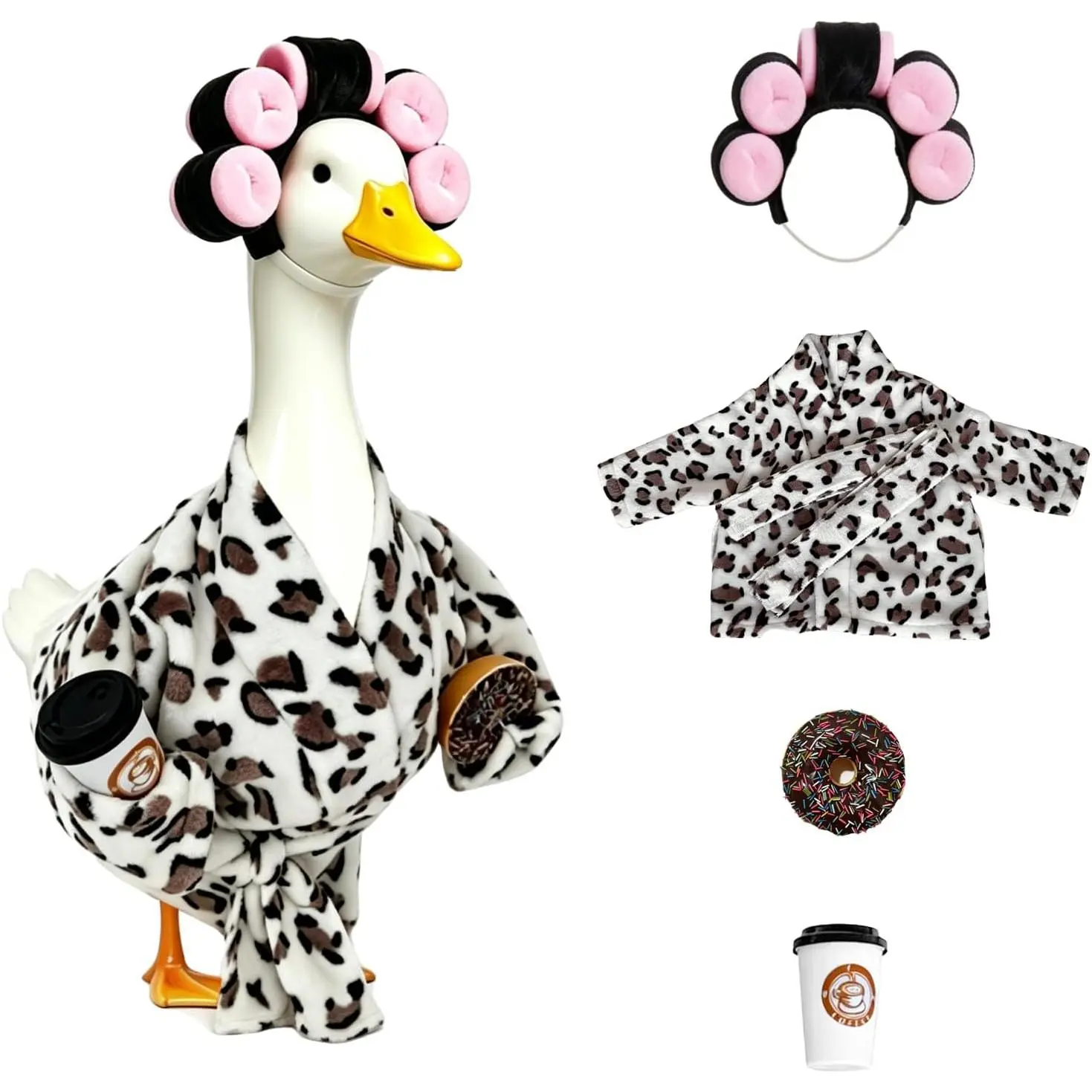 Leopard Print Robe Porch Goose Outfits for 23" Goose Statue Funny Retro Home Patio Decor with Hair Curlers Bath Robe Waist Belt Coffee Cup Donut (Leopard Print Bathrobe)