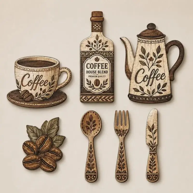 7 Pcs Wooden Coffee-Themed Kitchen Wall Decor Set, Decorative Wall Art, Decoration Items, Vintage Country Style Wall Hangings Featuring Coffee Cups Pots, Coffee Beans, Coffee-Themed Decor Plaques Suitable for Kitchens and Cafés, Ideal for Home