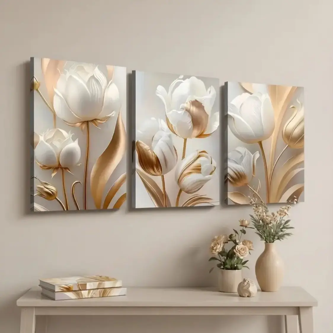 3-piece Set of 2D/flat Frame Canvas Paintings and Posters, Ready To Hang and Use, Modern Abstract Light Luxury Gold Floral Landscape, Home Decoration, Murals, Room Decoration, Holiday Gifts, Living Room, Bedroom, Dining Room, Office Decoration Hanging Pai