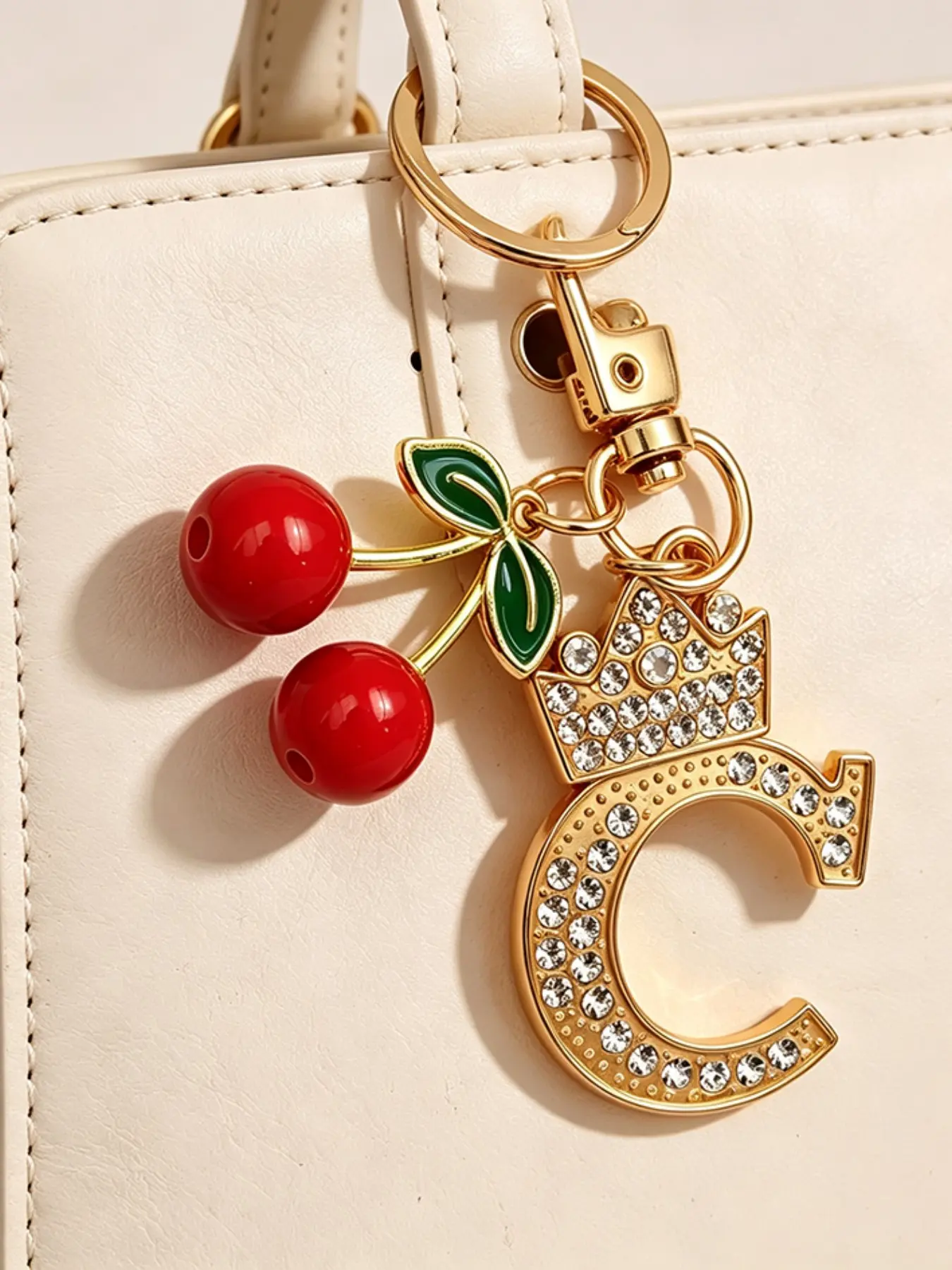 Crown Initial Keychain with Diamond Cherry Pattern, Girls' Bag Charm, Casual Cartoon Characters Design, All Seasons Accessory Gift, Girly Keychain