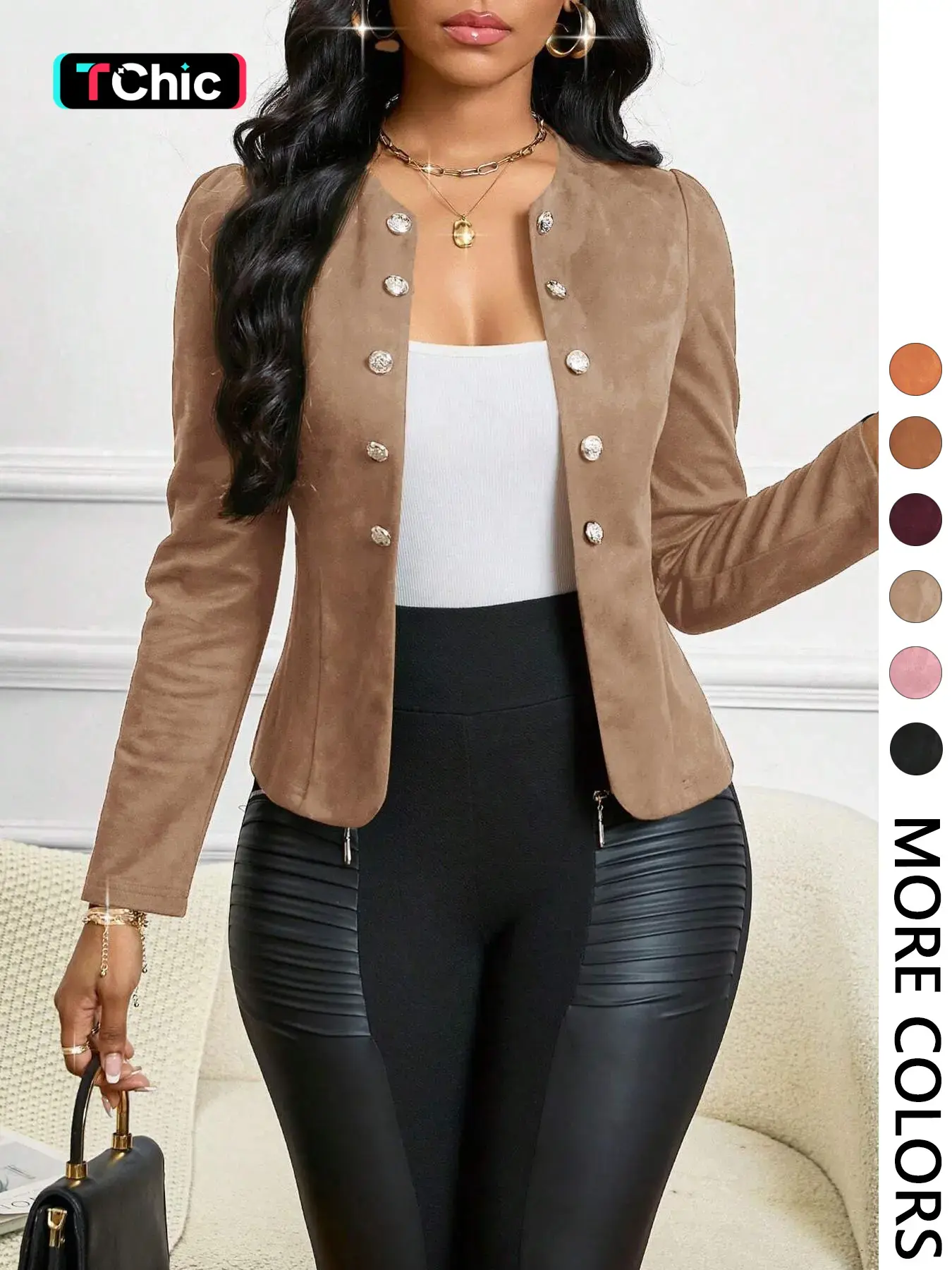 Women's Tan Suede Pearl Button Blazer, Faux Suede Fabric & Decorative Pearl Buttons & Puff Shoulders & Tailored Fit & Multiple Color Options, 1pc Napoleon/Hussar Jacket, Highland Exclusive