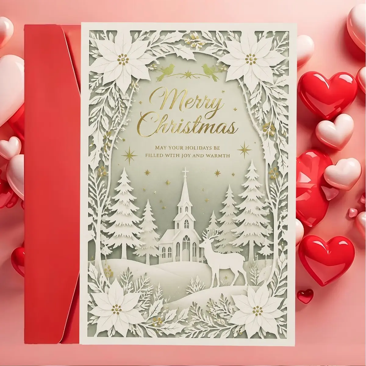 Exquisite Hollow Paper Sculpture Christmas Card, Snowy Forest Scene, Reindeer & Flowers, Merry Christmas Print, with Envelope