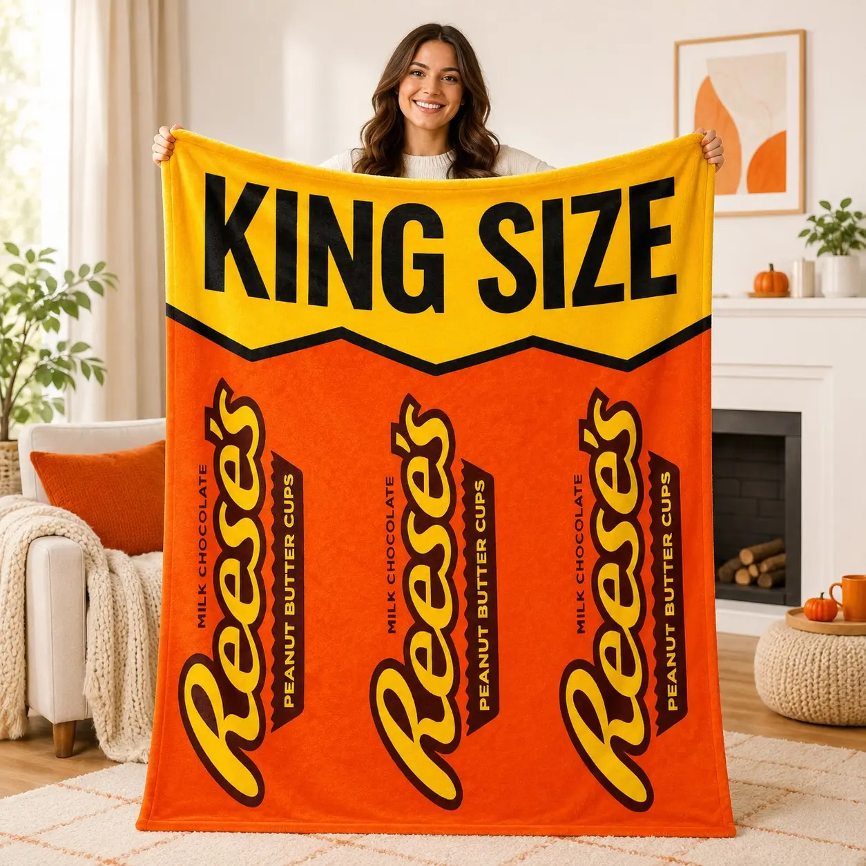 1pc Reese's Peanut Butter Cups Flannel Blanket, Classic Candy Chocolate Throw Blanket with Orange Snack Pattern Soft Warm Fleece Blanket for Sofa Bed Office Camping Travel Birthday Christmas Gift