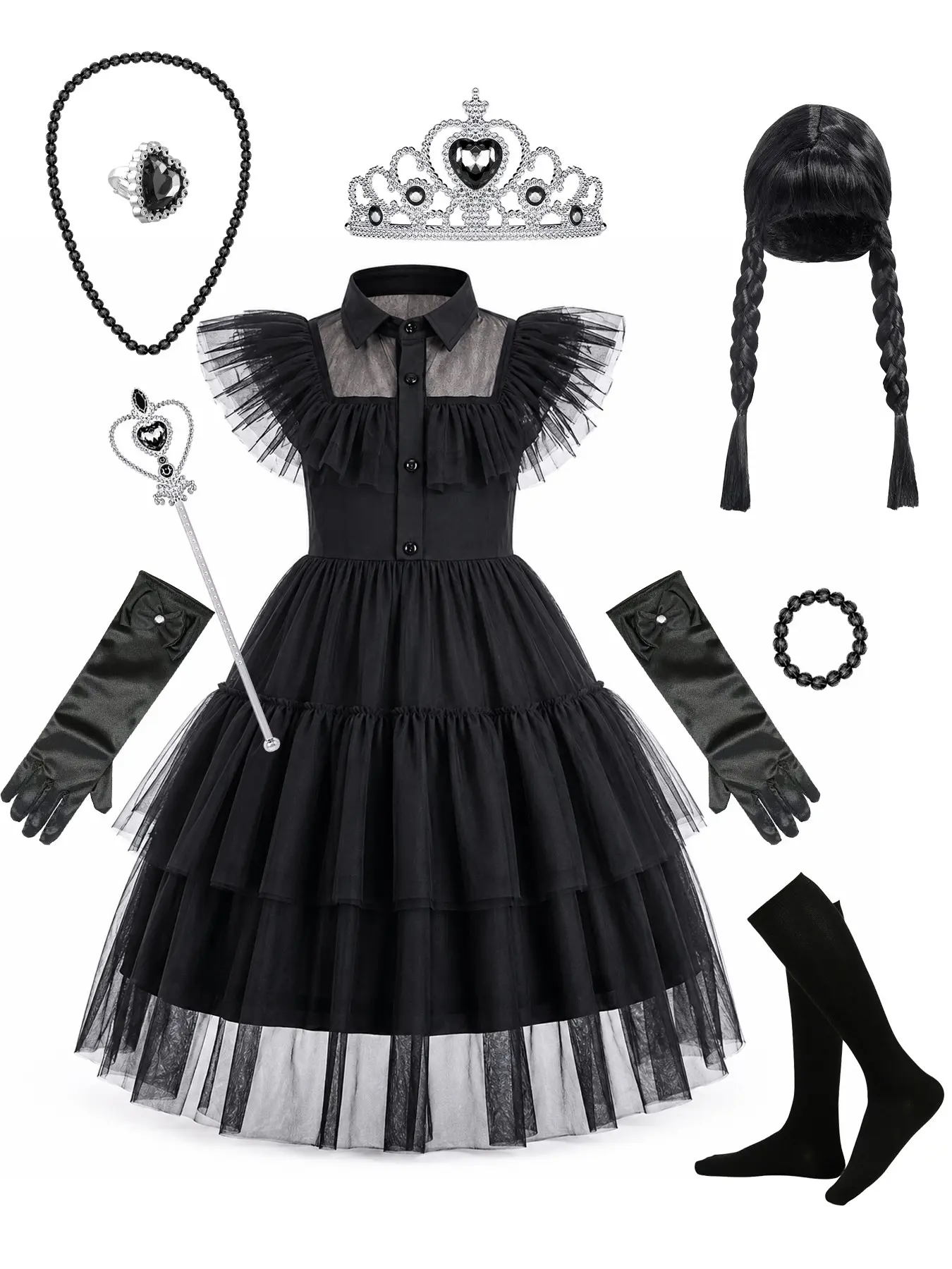 Girls Dark Gothic Princess Dress, Collared Mesh Flutter Sleeve Button Bodice Multi-Layer Cake Tulle Maxi Gown, Complete Halloween Cosplay Set with Braid Wig Black Gem Tiara Wand Beaded Jewelry Gloves Socks for Halloween Costume Party