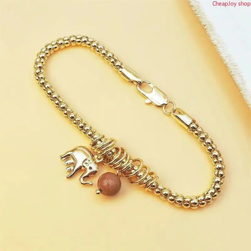 2026 Elephant Charm Bracelet for Women – 14K Gold Plated Beaded Chain Bracelet with Sunstone Pendant