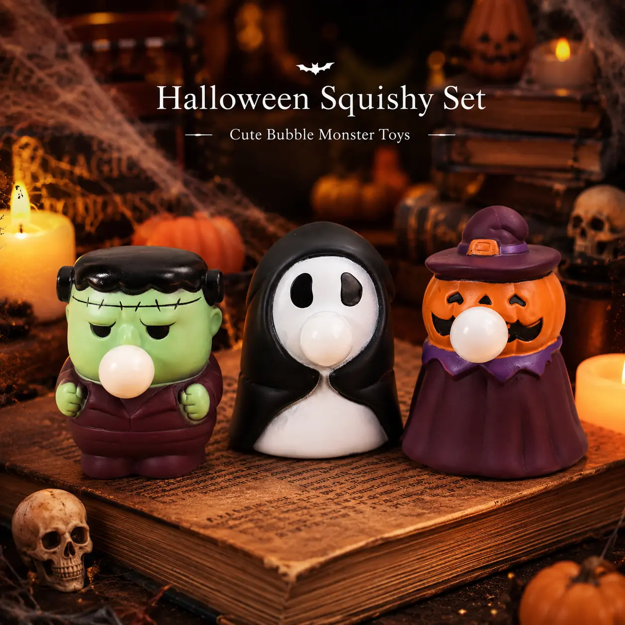 Halloween Fun Bubble Popping Squeeze Monster Set| Soft Squeezable Spit-Bubble Hand Fidget, Interactive Anti-Anxiety Stress Reliever Toy for Kids Adults