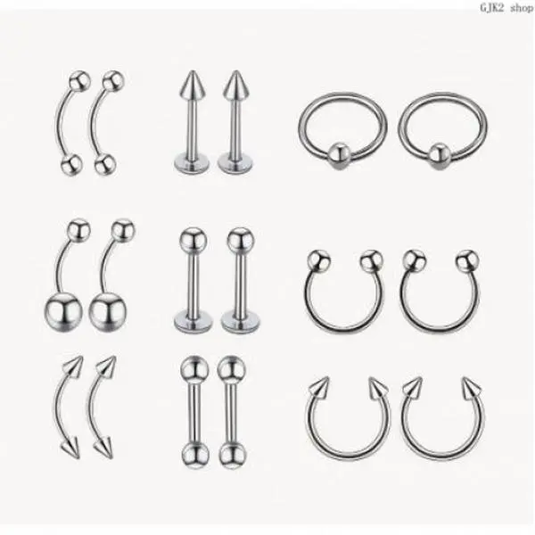 Mixed Piercing Jewelry Set, Punk Stainless Steel 16G=1.2mm Spike Labret Studs & 10mm Horseshoe Rings for Women Men, for Lip, Eyebrow & Music Festivals, Female, 8Mm