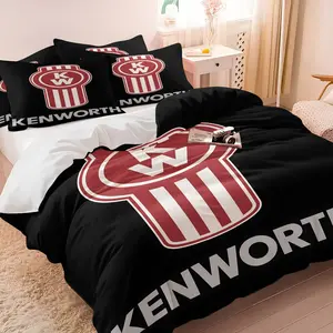 Kenworth KW Truck Logo Duvet Cover Set 3 Counts/Set Without Filler, Black Background Red Vintage Truck Emblem Print, Soft Comfy Truck Driver Bedroom Bedding, 1 Duvet Cover + 1-2 Coreless Pillowcases For Bedroom Decor