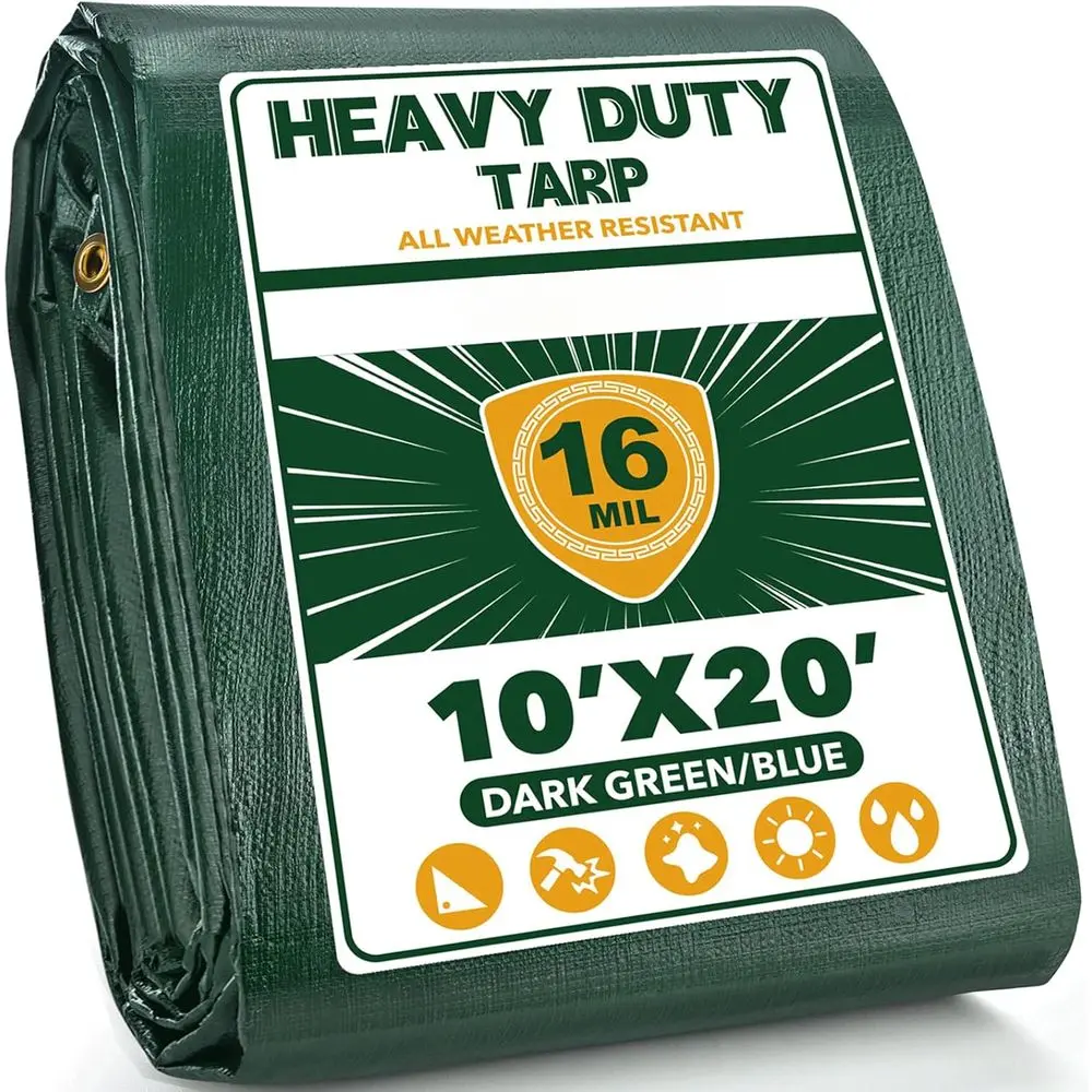 2026 Upgrade 16 Mil Heavy Duty Waterproof Tarp With Metal Grommets, Dark Green & Blue Reversible Poly Tarp, 10x20 Ft, For Outdoor Protection, Yard, Garden, Farm, Camping & Equipment Coverage