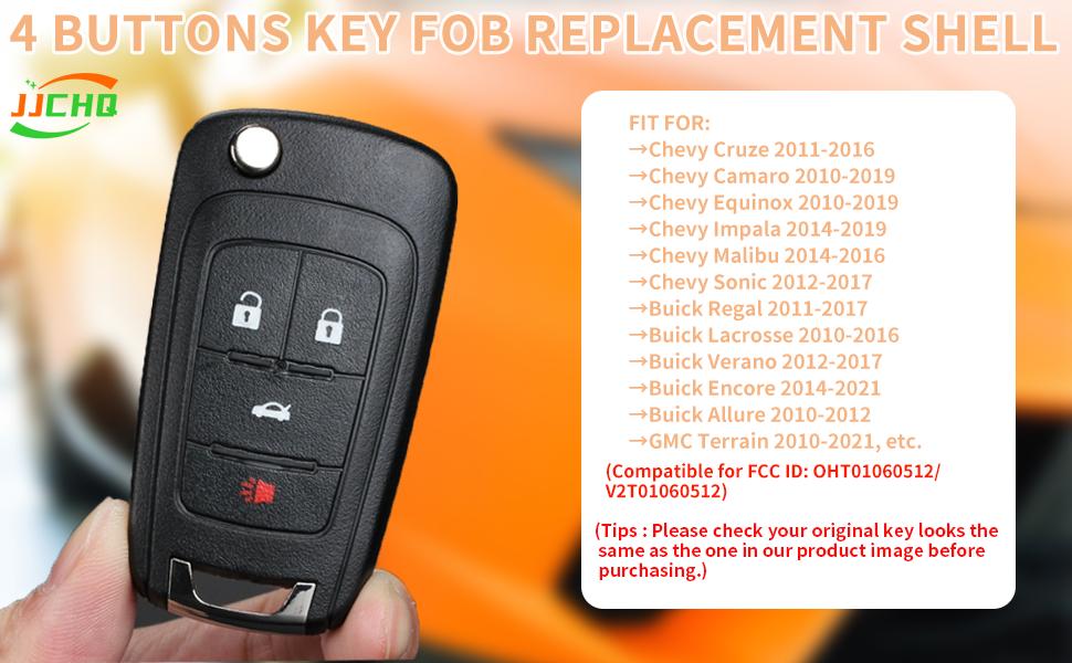 4 Button Key Fob Keyless Entry Remote Shell Case Replacement for Chevy Cruze Equinox Camaro Impala Malibu Sonic Buick Regal Verano Encore Lacrosse GMC Terrain 2010 2011 2012 2013 2014 2015 2016-2021