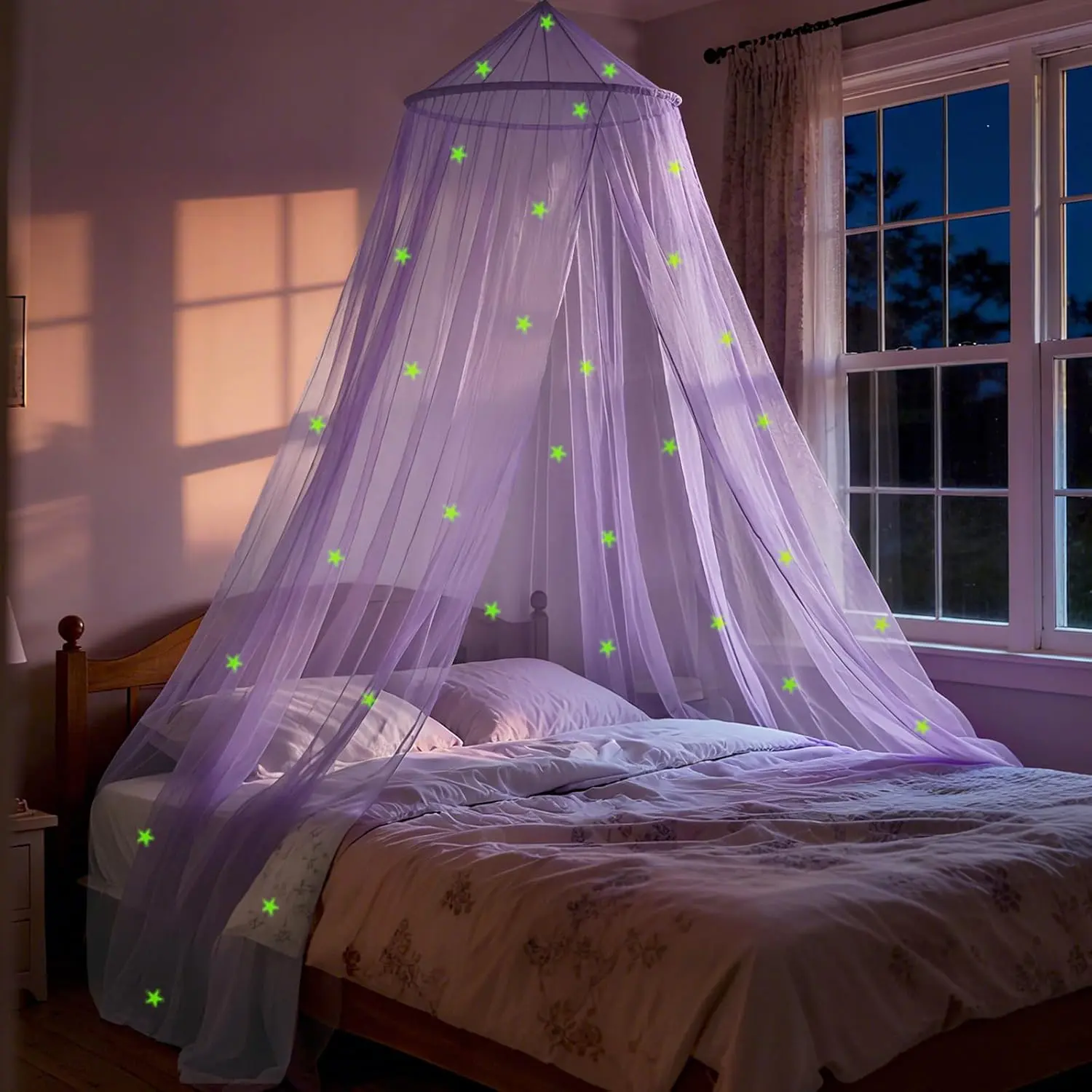 Purple Bed for Girls with Glowing Stars, Bed Curtains for Twin, Full, and Queen Sizes; Ceiling Tent for Reading Nooks, Net for Indoor Room Decor and Use