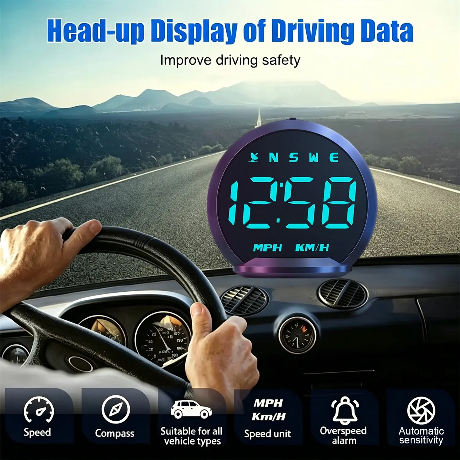 G13 Digital GPS Speedometer, Car Head-Up Display, Mile/hour Speed, Compass, Direction, Distance, Altitude, Over-Speed Alert, Plug-And-Play Hud, All Vehicles