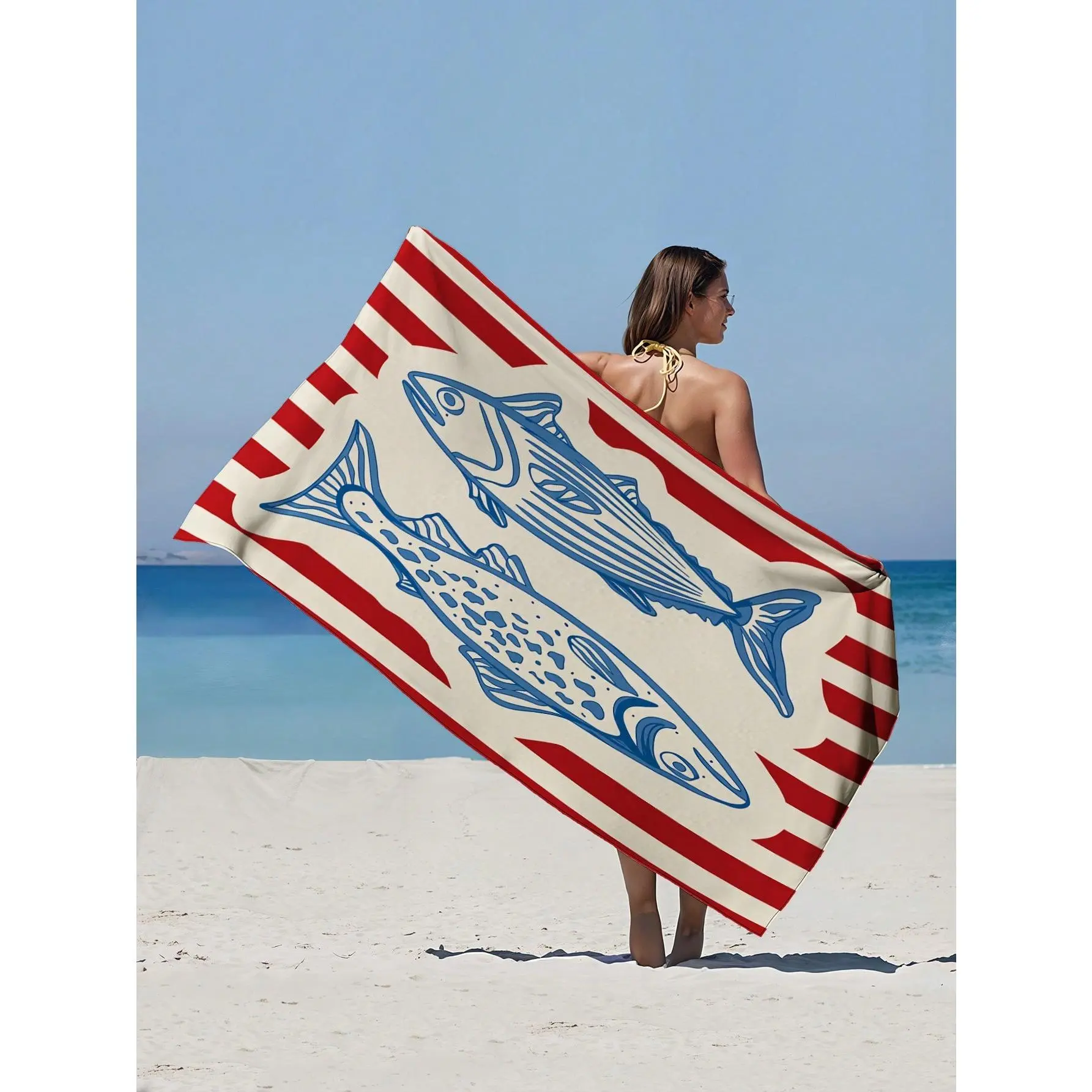 Glam Polyester Stripe Beach Towel - Retro Red-White Stripes, Hand-Drawn Blue Sardine Pattern, Quick-Dry Microfiber, Sand-Free Lightweight Large Bath Towel for Tomato Girl Mediterranean Lovers, Summer Vacation Gift, Stripe Beach Towels